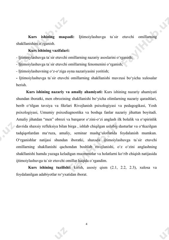 omillar haqida o`rgandim. kurs ishining tuzilishi: kirish, asosiy qism (2.1, 2.2, 2.3), xulosa va foydalanilgan adabiyotlar ro‘yxatidan iborat. i. bob. ijtimoiylashuv omillari va vositalari. 1.1 tashqi va ichki omillar bolaning ijtimoiylashuvi xususan insonning ijtimoiy moslashuvi uning hamma narsani egallashga bo’lgan ob’ektiv ehtiyoji jarayonida paydo bo’ladi. biroq bu bilan uzviy ravishda bola boshqa bir ob’ektiv ehtiyoj -o’ziga xosligini namoyon qilish hissi ham shakllanadi. bola uni yuzaga chiqarish uchun turli usul va vositalarni qidira boshlaydi va buning natijasida uning individuallashuvi ro’y beradi. bu hodisa shunda namoyon bo’ladiki, shaxsning ijtimoiy ahamiyatga ega hislatlari individual, faqat shu shaxsga tegishli tarzda namoyon bo’ladi, uning ijtimoiy yurish-turishi takrorlanmas jihatlarga ega bo’ladi. shunday qilib bolaning ijtimoiy rivojlanishi ikki o’zaro bog’liq yo’nalishda olib boriladi: ijtimoiylashuv (ijtimoiy madaniy tajriba madaniyatni o’zlashtirish) va individuallashuv (mustaqillik, nisbiy o’ziga xoslikni qo’lga kiritish). shu tarzda ijtimoiylashuv tushunchasi zamonaviy fanda moslashuv (birlashish) va individuallashuv jarayonlari bilan bog’liq ijtimoiylashuv jarayonining mazmuni inson(bola)ning aniq bir jamiyat …