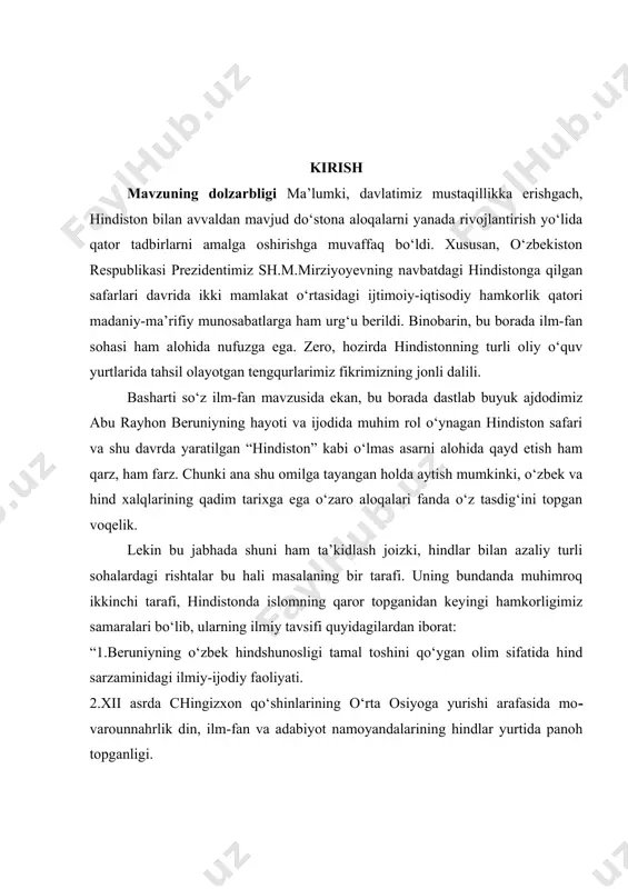 ubhasiz o‘zbek hindshunosligi tarixida kutilmagan voqea bo‘ldi desak, mubolag‘a bo‘lmas. chunki bu tarixiy manba orqali “avrangzebning zamondosh muarrixi bergan yangi ma’lumotlar,-akademik a.po‘latovnig ta’rificha,-nainki o‘zbek, balki dunyo tarixshunosligi uchun ham katta tortiqdir”. biz bitiruv malakaviy ishi mavzusi qilib tanlagan avrangzebning diniy-ijtimoiy dunyoqarashlari tarixiga doir tadqiqot ham, agar ta’rif joiz bo‘lsa, ayni yuqorida qayd etilgan ilmiy izlanishlarning mantiqiy davomi bo‘lishiga harakat qildik. holbuki, mazkur bitiruv malakaviy ishi mavzusi tahlilga tortilgan manba qamrovining faqat bir lavhasi, xolos. sir emaski, buyuk boburiylar sulolasi vakillari ichida avrangzebning davlatchilik faoliyati avvaldan fanda salbiy ravishda tahlil va tadqiq etib kelingan. bunday munosabatga asosan, go‘yoki uning mutaassib diniy va dunyoviy qarashlari hamda shu ruhdagi amaliyoti turtki bo‘lgan. xususan, fandagi bunday talqinga avrangzebning hind diniy e’tiqodi va shu e’tiqoddagi fuqarolarga bo‘lgan munosabati nazarda tutilgan edi. ammo o‘tgan xx asrning ikkinchi yarmida hukmdorning hayoti va faoliyatiga bag‘ishlangan “ma’osiri olamgiriy” asarining ma’lum bo‘lishi va uning ustoz n.g‘.nizomiddinov tomonidan nashrga tayyorlanishi bizning …