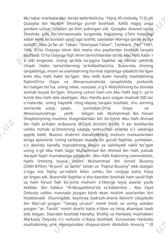 niylar tomonidan ,kalom ilmida u yaratgan yo`nalish (moturudiy aqoid mazhabi), ahli sunna val jamoaning e`tiqodiy asosi deb e'lin qilindi. imom moturudiyning ilmiy faoliyati va tinimsiz kurashishi oqibatida e'tizol mazhabiga zarba berilib, qarmatiylar va botiniylar mag'lubiyatga uchrab, botiniylar tog'li badaxshon (hozirda tojikiston va afg'oniston ) hududlariga chekindi. buxoro faqihlari tomonidan usul va furu' bo'yicha yaratilgan keng qamrovli asarlar, shuningdek, kalom ilmi (usulud-din) sohasida yozilgan bir qator kitoblar(masalan, nuriddin sobuniy asarlari ) shundan dalolat beradiki, hanafiy fiqh maktabi rivojida ular ilg'or o'rinda turib, buxoroni movarounnahr atoqli faqihlarining faoliyat markaziga aylantirib kelganlar. ix- x asrlarning murakkab ijtimoiy siyosiy sharoitida samarqandda kalom ilmidan tashqari uslul-fiqh sohasida ham ilmiy ahamiyatga ega bo`lgan ko`p asarlar yaratildi. abu mansur moturudiyning "ma`xazush-shar" yoki "maohizush-shar" va "kitobul jadal" nomli asarlari kotib chalaviy va boshqa olimlar guvohligida usul buyicha yozilgan eng puxta va qimmatli asarlar o`rnida turadi. alovuddin samarqandiy yozgan "tuxfatul-fuqaho" alovuddin abu bakr ibn ma`sudning ushbu asarga yozgan sharhi …