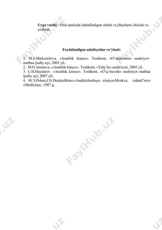 gidrofosfatlar nanh4hpo4·4 h2o ba’zi metallarning tuzlari bilan qizdirilganda rangli shishalar hosil bo‘lishi, shuningdek, tekshirilayotgan quruq moddani quruq na2co3 bilan k2co3 yoki na2co3 bilan kno3 va boshqa aralashmalarga qo‘shib qizdirish quruq usulda bajariladigan reaksiyalar qatoriga kiradi. alangani bo‘yash va rangli shisha hosil qilish usullari pirokimyoviy usul deb ataladi. bu usuldan mineral va tog‘ jinslarini aniqlashda ko‘p foydalaniladi. quruq usul bilan o‘tkaziladigan reaksiyalar yordamchi reaksiyalar hisoblanadi va undan dastlabki sinab ko‘rishlarda foydalaniladi. ko‘pincha sifat analizida ho‘l usul bilan o‘tkaziladigan, ya’ni moddalarning eritmalari o‘rtasida boradigan reaksiyalar ishlatiladi. buning uchun tekshiriladigan modda oldindan eritilgan bo‘lishi kerak. odatda, erituvchi sifatida suv ishlatiladi, agar modda suvda erimasa, kislotalarda eritiladi. kislotada eritilgan modda kimyoviy o‘zgarishga uchrab, suvda oson eriydigan biron tuzga aylanadi. sifat analizida faqat biror tashqi effekt, ya’ni reaksiyaning haqiqatan ham sodir bo‘layotganligini ko‘rsatuvchi o‘zgarishlar bilan boradigan reaksiyalardan foydalaniladi. odatda, bunday tashqi effektlar: a) eritma rangining o‘zgarishi; b) cho‘kma tushishi (yoki erib ketishi); d) gaz ajralib …