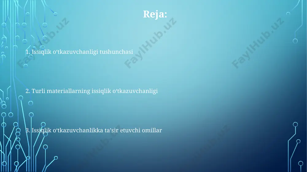 iha doirasida issiqlik o'tkazuvchanligi yuqori bo'lgan yangi materialni sinash jarayonida 15% ga samaradorlikni oshirishga erishildi. 2022-yilda o'zbekiston fanlar akademiyasi tomonidan o'tkazilgan tadqiqotlar shuni ko'rsatdiki, paxta tolalarining issiqlik o'tkazuvchanligi 0.04 vt/(m·k) atrofida. issiqlik o'tkazuvchanligini o'lchash usullari lazer impulsli usuli yordamida 10-30 mikrometr qalinlikdagi yupqa qatlamlar issiqlik o'tkazuvchanligini aniqlash mumkin. ushbu usul tezkor va aniq bo'lib, 5-10 sekund ichida natija beradi va germaniyada keng qo'llaniladi. ko'p qatlamli materiallar issiqlik o'tkazuvchanligini aniqlash uchun 3-5 ta turli sensorlardan foydalaniladi. har bir sensor 1-2 sm masofada joylashtiriladi va ma'lumotlar toshkent shahridagi texnika universitetida ishlab chiqilgan dastur yordamida qayta ishlanadi. issiqlik o'tkazuvchanligini aniqlashning bir usuli – stasionar usul bo'lib, unda 100 mm uzunlikdagi namunaga 25°c va 100°c haroratlarda issiqlik ta'sir etiladi va issiqlik oqimi o'lchanadi, natijalar moskva davlat universiteti laboratoriyalarida tekshiriladi. issiqlik o'tkazuvchanlikka ta'sir etuvchi omillar havoning issiqlik o'tkazuvchanligi taxminan 0,024 vt/(m·k) ni tashkil etadi, bu esa 20°s haroratdagi suvning issiqlik o'tkazuvchanligidan ancha past bo'lib, binolarning …