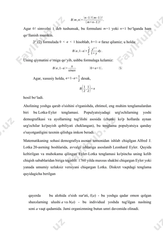 ada esa tekis yaqinlashuvchi bo`ladi. 3) va uchun 4) (19) natija. beta va gamma funksiyalar orasidagi bog`lanishni quyidagi teorema ifodalaydi. teorema. uchun (20) tenglik o`rinli. natija. uchun (21) tenglik o`rinli bo`ladi. agar (21)-tenglikda desak (22) bo`ladi. eyler integrallari yordamida ko`pgina xosmas integrallarni hisoblash ancha osonlashadi. misollar. 1) eyler-puasson integrali hisoblansin. 2) xosmas integral hisoblansin. parametrga bog`liq xos integrallar va ularning funksional xossalari funksiya fazodagi biror aniqlangan va fiksirlangan uchun funktsiya o`zgaruvchining funksiyasi sifatida oraliqda integrallanuvchi bo`lsin. quyidagi (4) integralga parametrga bog`liq integral, u o`zgaruvchi esa parametr deyiladi. parametrga bog`liq integrallarda funksiyaning bir qator xossalari (limiti, uzluksizligi, differensiallanuvchiligi, integrallanuvchiligi va hokazo) o`rganiladi. bu xossalarni o`rganishda funksiyaning u bo`yicha limiti va unga intilish xarakteri muhim rol o`naydi. funksiya d to`plamda berilgan , esa e to`plamning limit nuqtasi bo`lsin. 1-ta`rif. agar olinganda ham ( uchun) shunday topilsaki, tengsizlikni qanoatlantiruvchi uchun bo`lsa, u holda funksiya funksiyaning dagi limit funksiyasi deyiladi. funksiya to`plamda berilgan bo`lib, …