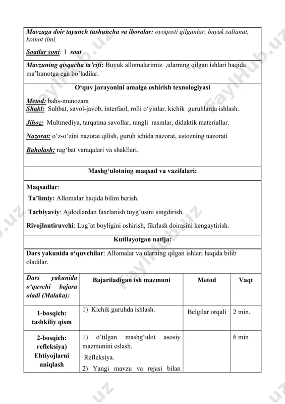 vaqt ajratish. guruhlar taqdimotini o‘tkazish, hisobotlarni tahlil qilish, xulosalash hamda rag‘batlash. mustaqil ish krassvordlar yordamida 10 min 5-bosqich: baholash) mashg‘ulot yakuni 1) o‘quvchilar yoki guruhlar tomonidan berilgan javoblar tahlili va baholash 2) o‘quvchilarni dars davomidagi yutuq va kamchiliklarini izohli tushuntirish va to‘ldirish. guruhni baholash 3 min 3 min 6-bosqich: uyga vazifa mavzu yuzasidan topshiriqlar berish. 2 min dars ishlanma darsning mavzusi: buyuklar vatani darsning maqsadi: ta’limiy: allomalar haqida bilim berish. tarbiyaviy: ajdodlardan faxrlanish tuyg’usini singdirish. rivojlantiruvchi: lug’at boyligini oshirish, fikrlash doirasini kengaytirish. darsning jihozi: multmediya, tarqatma savollar, rangli rasmlar, didaktik materiallar. darsning turi: noan’anaviy dars. darsning usuli: suhbat, savol-javob, interfaol, rolli o‘yinlar. tdts: mavzuni mazmun va mohiyatini tushunishlari,qayta hikoya qilib bera olishlari,gap ohangiga ko‘ra ifodali va ravon o‘qishlari,tovush va so‘zlarni to‘g‘ri talaffuz qila olishlari kerak. darsning borishi i. tashkiliy qism: a) salomlashish. navbatchi axboroti.davomatni aniqlash. b) kirish suhbati. e) o‘quvchilardan tdts talablarini so‘rash. (tarmoq usulida) 1.tovush va so‘zlarni to‘g‘ri talaffuz …