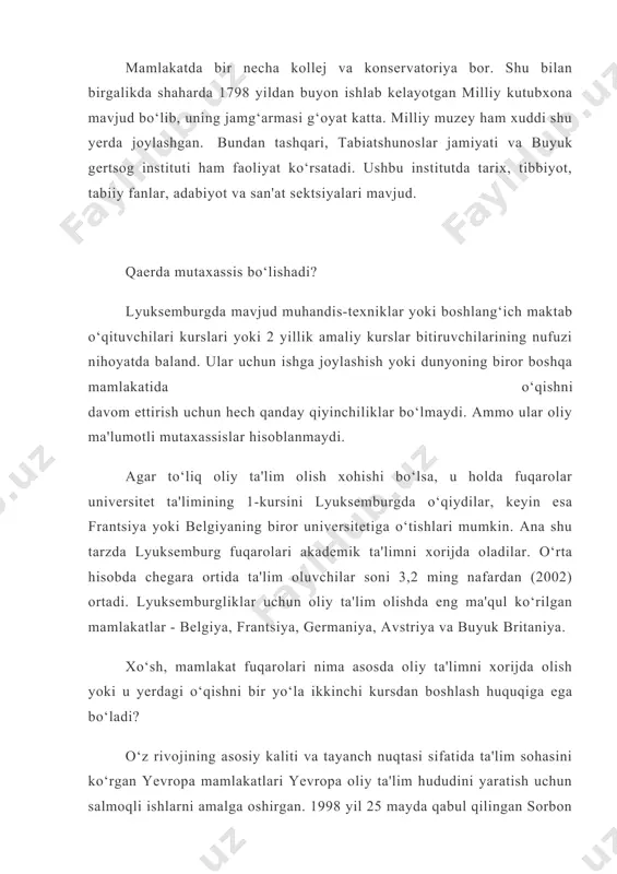 htirish mexanizmlarining o‘zaro tan olinishi deklaratsiyada nazarda tutilgan jarayonlar turkumidandir. estc - aynan mana shu yevropa o‘tkazish tizimi lyuksemburgliklarga yuqorida sanalgan imkoniyatlarni taqdim etadi. buning uchun talabalar tizim mezonlari bo‘yicha o‘zlari ko‘chirilayotgan oliy o‘quv yurti talablariga javob berishi kerak. yevropa miqyosida qo‘llab-quvvatlanayotgan xorijda oliy ta'lim bosqichida tahsil olish lyuksemburg hukumati tomonidan ham maxsus moliyalashtirish dasturlari bilan qo‘llab-quvvatlanadi va kafolatlanadi. davlat tomonidan ta'limga ajratiladigan xarajatlar byudjetning 11,3 foizini tashkil etadi. bu borada ta'lim xarajatlari faqat ijtimoiy xarajatlardan keyingi ikkinchi o‘rinni egallaydi. lyuksemburg g‘arbiy yevropadagi maydoni bor-yo‘g‘i 2586 km. kv. bo‘lgan kichik bir davlat. uning aholisi ham o‘ziga yarasha - 443 ming (2001) kishidan iborat. ammo mamlakat fuqarolari shu darajada ilmga chanqoqki, hatto yetuk mutaxassis bo‘lish uchun o‘zga davlat universitetlari eshigini taqillatishga va jahon xaritasida yuksak darajada rivojlangan industrial davlat sifatida qayd etilgan vatanlari rivojiga hissa qo‘shishga doimo tayyor. oreyada ta'lim tizimi koreyaning zamonaviy ta'lim tizimi rasman yaponiya mustamlakasidan ozod bo'lgan 1945 …