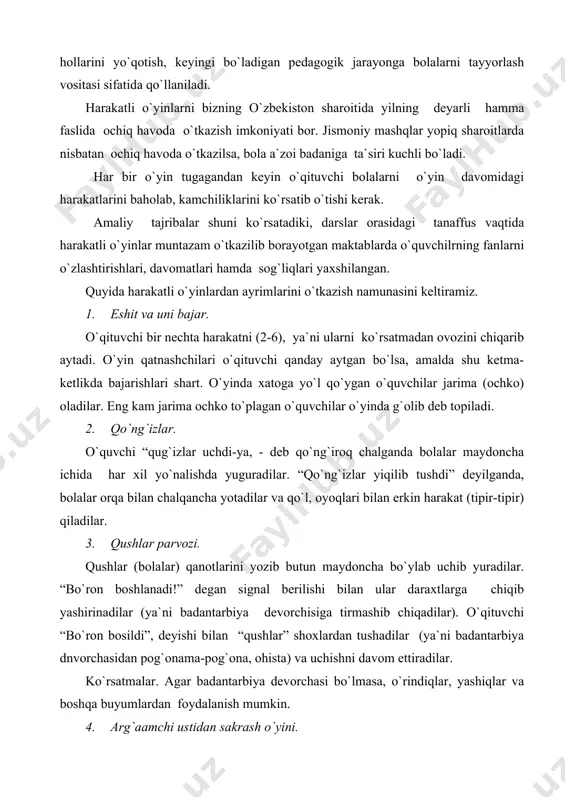 ni davom ettiradilar. ko`rsatmalar. agar badantarbiya devorchasi bo`lmasa, o`rindiqlar, yashiqlar va boshqa buyumlardan foydalanish mumkin. 4. arg`aamchi ustidan sakrash o`yini. bolalar arg`amchining ikki uchidan ushlab aylantira boshlaydilar, qator bo`lishib arg`amchiga tegmasdan navbatma-navbat sakraydilar. arg`amchiga kim tegib ketsa, o`sha arg`amchi aylantirayotgan bolalardan biri bilan o`rin almashadi. 5. qala himoyasi o`yini. o`ynovchilar 3-4 aylanaga saflanadilar. har bir o`quvchining orasidagi masofa 1 metr. ularning oyolvri olidan chiziq chiziladi. aylanalar markaziga tayyoqchalar o`rnatiladi. o`yinchilardan biri himoya qilish uchun chiziq atrofiga borib turadi.unda voleybol yoki basketbol to`pidan foyniladi. o`yin o`qituvchi qo`ng`irog`i bilan boshlanadi. o`quvchilar to`plarni bir-biriga oshira turib, payt poylab, to`pni qallaga tekkizishga harakat qiladilar. himoyachi esa qo`l, oyoq va gavdasi bilan qalani himoya qiladi. to`pni tekkizgan o`yinchi himoyachi bilan o`rin almashadi 6. zovurdagi bo`ri o`yini. bir-biridan 60-70 sm uzunlikda ikki yonma-n chiziq o`tkaziladi, uzovur vazifasini o`taydi. bir yoki ikkita boshqaruvchilar, ya`ni “bo`ri” lar zovurda turadilar. qolgan o`quvchilar “echkilar” hisoblanadi. “echkilar” chiziqning bir tomonida, o`z …