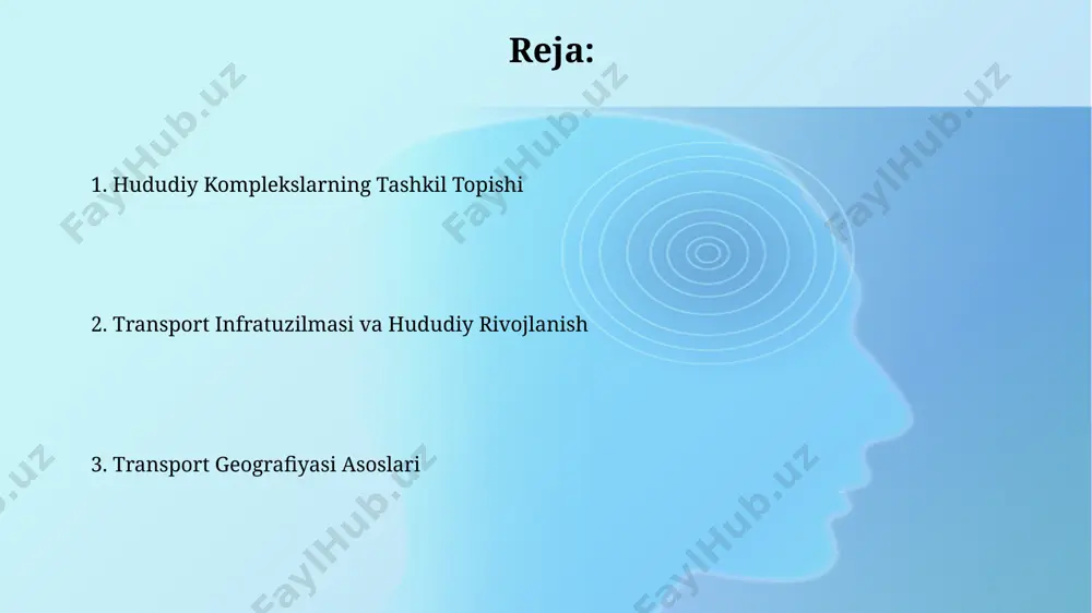 ahsulotga sezilarli ta'sir ko'rsatadi. transport geografiyasi, yer yuzasidagi 7 milliarddan ortiq aholiga xizmat ko'rsatadigan 3 asosiy transport tizimi – avtomobil, temir yo'l va havo transportini o'rganadi. transport geografiyasining kelajagi va istiqbollari transport geografiyasi kelajagida avtonom transport vositalarining 2030-yilga kelib 50% gacha bozor ulushini egallashi va logistika tarmoqlarini tubdan o'zgartirishi kutilmoqda. "smart city" konsepsiyasi doirasida aqlli transport tizimlari, ya'ni real vaqt rejimida ma'lumotlarni qayta ishlash orqali yo'l harakati samaradorligini 15% ga oshiradi. hududiy komplekslar tushunchasi hududiy komplekslarning shakllanishiga 3 asosiy omil taʼsir koʻrsatadi: tabiiy resurslarning mavjudligi, mehnat resurslari va transport infratuzilmasining rivojlanish darajasi. hududiy komplekslarning samaradorligi, ularning ichki va tashqi transport aloqalarining sifatiga, yaʼni, yuk tashish hajmi va tezligiga bogʻliq boʻlib, bu koʻrsatkichlar kompleksning iqtisodiy samaradorligini 15-20% ga oshirishi mumkin. transport siyosati va hududiy rivojlanish ҳудудий ривожланиш стратегияларида транспорт йўналишларининг оптималлаштирилиши, 15% гача юк ташиш харажатларини камайтиришга олиб келиши мумкин. транспорт сиёсатининг ҳудудий тараққиётга 30% гача таъсир кўрсатиши, транспорт инфратузилмасининг ривожланишига …