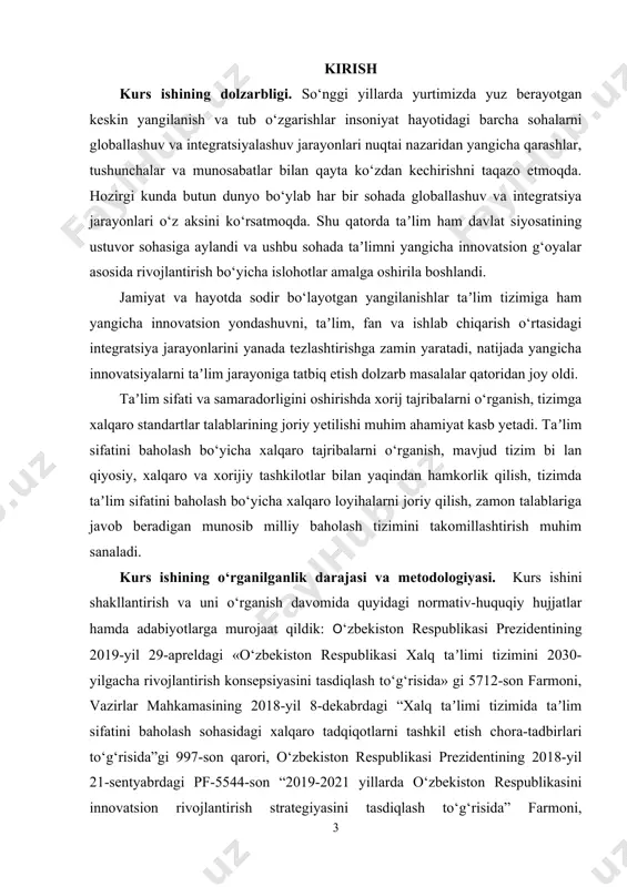 ndagi pq-3775-son «oliy taʼlim muassasalarida taʼlim sifatini oshirish va ularning mamlakatda amalga oshirilayotgan keng qamrovli islohotlarda faol ishtirokini taʼminlash bo‘yicha qo‘shimcha chora-tadbirlar to‘g‘risida”gi qarori, “pisa: естественнонаучная грамотность” xalqaro jurnali, “pisa 2015 assessment and analytical framework” xalqaro jurnali, “achievement of 15-year-olds in england: pisa 2018 results” xalqaro jurnali va boshqa shu kabi adabiyotlardan foydalandik. kurs ishining obyekti. kurs ishining obyektini o‘zbekistonda milliy va xalqaro baholash tizimini bir-biriga mos ravishda shakllantirish tashkil etadi. kurs ishining predmeti. milliy va xalqaro baholash tizimini tahlil qilish va milliy ta’lim tizimida tutgan o`rnini tahlil qilishdan iborat. kurs ishining maqsadi. mamlakatimizda ta’lim sifatini xalqaro talab darajasida shakllantirish mezonlari va istiqbollarini o`rganish hisoblanadi. kurs ishining vazifasi. ta’lim jarayonidagi milliy baholash tizimini zamon talabiga mos, xalqaro standartlarga javob beradigan holatga o‘tkazishda amalga oshirilishi lozim bo`lgan ishlarni tahlil qilish va ularning ta’lim sifatini oshirishdagi rolini ochib berish tashkil qiladi. kurs ishining tarkibiy tuzilishi: ushbu kurs ishi kirish, 2 bob, 4 …