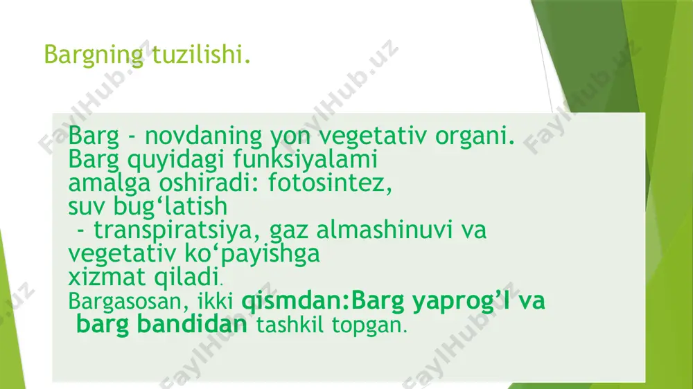 ing uchi bitta barg bilan tugasa, bunday burglar toq patsimon barg deyiladi (shirinmiyada). ba’zan toq bargchalar kamida gajaklar hosil bo‘ladi (no‘xat va burchoqda). saksovul, qandim kabi ayrim o'simliklaming bargi juda maydalashib, qipiq shakliga kelib qolgan bo‘ladi. uning bandi ham bo‘lmay, uzunligi 2 mm dan oshmaydi. 33-rasm. oddiy barglarning shakllari: 7-ovalsimon; 2-nayzasimon; 3-o‘q-yoysimon. 34-rasm. yaproqning tuzilishiga ko(ra oddiy barg xillari: 1-uch bo‘lakli; 2-panjasimon. barglar ham, o‘simliklaming boshqa organlari kabi hujayralardan tuzilgan. birorta o‘simlikning yangi bargidan ko‘ndalangiga yupqa kesib olib, buyum oynasidagi bir tomchi suvga joylanadi, so‘ngra ustidan qoplagich oyna yopib, mikroskopda ko‘riladi barglarning ichki tuzilishi: 1 – 1-ustki va ostki po‘sti (epiderma); 2-barg eti; 3-o‘tkazuvchi nay tola boylamlari; 4-og‘izcha; 5-tukcha. e’tiboringiz uchun rahmat. image1.jpeg image2.jpeg image3.jpeg image4.jpeg image5.jpeg image6.jpeg /docprops/thumbnail.jpeg
