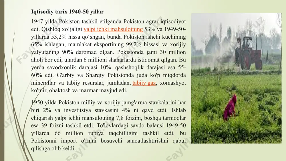 ligrafiya sanoati, asosan, oʻrta va kichik bosmaxonalardan iborat. charmpoyabzal sanoati korxonalari barpo etilgan. kosibchilik va hunarmandchilik (mato, charm, metall, yogʻoch, aqikdan buyumlar tayyorlash) rivojlangan. gidrostya, is-siklik va atom elektr styalarida yiliga oʻrtacha 30 mlrd. kvtsoat elektr energiya hosil qilinadi. sanoat sektori yaimdagi ulush sanoat faoliyati yaimning 20% atrofini tashkil qiladi. rivojlanish sur'ati barqaror, ayniqsa to'qimachilik sohasida. asosiy tarmoqlar to'qimachilik oziq-ovqat sanoati sement ishlab chiqarish po'lat sanoati muammolar energiya tanqisligi va texnologik bazaning eskirishi asosiy to'siqlar. 7 xizmat ko'rsatish sektori bank tizimi rivojlanishda va raqamli xizmatlarga o'tishda yetakchi. telekommunikatsiya mobil va internet tarmog'i tez sur'atlar bilan kengaymoqda. transport soha evolyutsiyasi mahsulot yetkazib berishni osonlashtiradi. 8 maorifi, madaniy-maʼrifiy va ilmiy muassasalari pokistonda umumiy taʼlim haqida qonun qabul qilinmagan. pokiston umumtaʼlim maktablari tuzilishi quyidagicha: boshlangʻich maktab (1—5-sinflar); toʻliqsiz oʻrta (6—8-sinflar); oʻrta (9— 10-sinflar); oliy (yuqori) maktab (11 —12-sinflar). oliy (yukrri) oʻrta maktabni, shuningdek, oraliq kollejni tugatganlar oliy oʻquv yurtlariga kirish xuquqiga ega. 90-yillar …