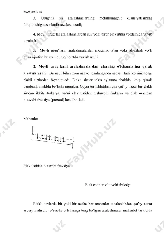 tо‘qilgan elaklar ishlatiladi. metallik elaklarning teshiklar formasi doiro shaklida yoki chо‘zišroš shaklida bо‘lishi mumkin. doira shaklidagi teshikdan xom ashyo о‘zining kengligi bо‘yicha о‘tadi. uzunchoš shakldagi teshiklardan šalinligi bо‘yicha о‘tadi. l v a kungaboqar urug‘i a-kengligi, 1 – o‘zunligi, b -eni doira shaklidagi teshikli elaklar sanoatda keng šо‘llaniladi va umuman olganda metalli shtamplangan elaklar о‘zining chidamliligi bilan uzoš muddatda foydalanish imkonimi beradi, lekii metall elaklarning foydali ish koeffisiyentlari unchalik katta emas va 50-60 % atrofida k = 0,5-0,6. doira shaklidagi elaklarning о‘lchamlari 0,8-4,0 mm gacha bо‘ladi. о‘zunchoq formadagi teshiklarning о‘lchamlari esa v = 0,5-1,0 mm, 1 = 10-50 mm. tо‘qilgan elaklar temir, mis, kapron, neytron yoki oddiy iplardan tо‘qilgan bо‘lishi mumkin. teshiklarining shakli esa bu holda kvadrat bо‘ladi va tо‘qilgan elaklarniig avzalligi ularniig foydali yuza koeffiiiyenti katta ya’ni k-0,5-0,85, о‘lchamlari esa 0,6-0,9 mm bо‘ladi. ammo tо‘qilgan elaklarning mexanik chidamliligi past va tez uzilib ketganligi sababli sanoatda kam ishlatiladi, undan tashqari qattiq …