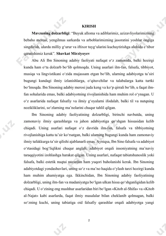 ham zamonaviy ilmiy tafakkurga ta’sir qilishi ajablanarli emas. ayniqsa, ibn sino falsafa va adabiyot o‘rtasidagi bog‘liqlikni chuqur anglab, adabiyot orqali insoniyatning ma’naviy taraqqiyotini izohlashga harakat qilgan. uning asarlari, nafaqat tabiatshunoslik yoki falsafa, balki estetik nuqtai nazardan ham yuqori baholanishi kerak. ibn sinoning adabiyotdagi yondashuvlari, uning so‘z va ma’no haqida o‘ylash tarzi hozirgi kunda ham muhim ahamiyatga ega. ikkinchidan, ibn sinoning adabiy faoliyatining dolzarbligi, uning ilm-fan va madaniyatga bo‘lgan ulkan hissa qo‘shganligidan kelib chiqadi. u o‘zining eng mashhur asarlaridan biri bo‘lgan «kitob al-shifa» va «kitob al-najat» kabi asarlarda, faqat ilmiy masalalar bilan cheklanib qolmagan, balki so‘zning kuchi, uning tabiatiga oid falsafiy qarashlar orqali adabiyotga yangi yondashuvlar kiritgan. ibn sinoning ilmiy tafakkuri, adabiyotga bilimni va aqldan tashqari ruhiy tajribani kiritish imkonini berdi. u adabiyot orqali nafaqat ongni shakllantirish, balki inson qalbini ham o‘rganishga harakat qildi. ibn sinoning adabiy faoliyatining dolzarbligi shundan iboratki, uning asarlari nafaqat o‘zining zamonidagi ilmiy va madaniy muhitga, balki …