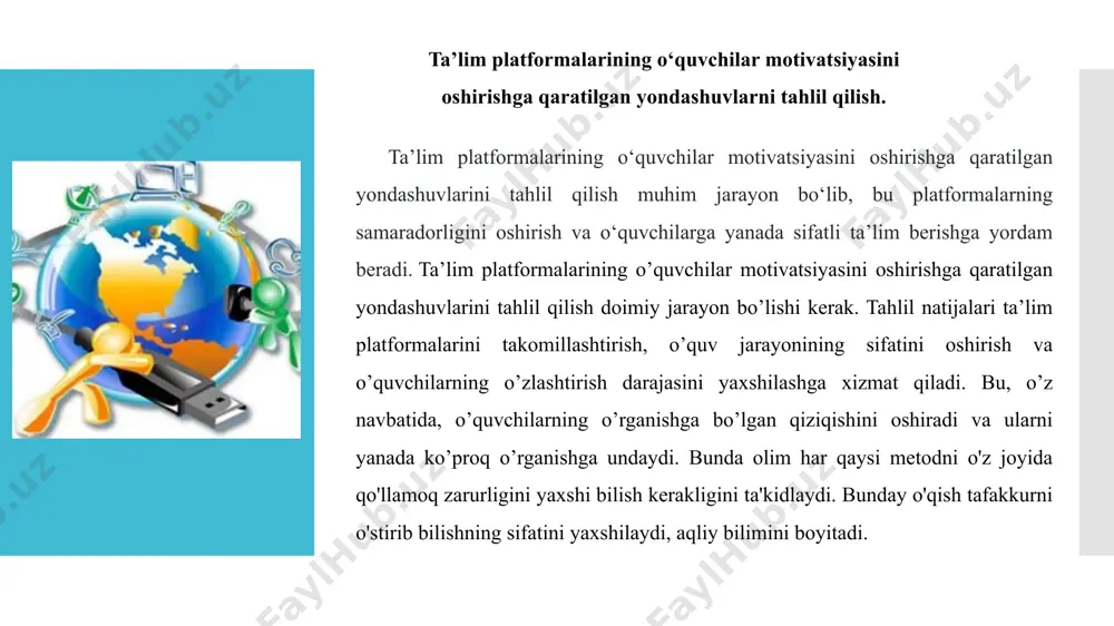 i motivatsiya qilish uchun qo‘llaydigan usullarini tahlil qilish, ushbu platformalarning muvaffaqiyat sirlarini ochish va o‘z ta’lim platformamiz uchun foydali tajriba olish imkonini beradi. quyida ushbu platformalarning har biri bo‘yicha tahlil keltirilgan: ta’lim platformalaridan foydalanayotgan o’quvchilar bilan suhbatlashish, ularning fikrlarini va motivatsiya darajasini o’rganish ta’lim platformalaridan foydalanayotgan o’quvchilar bilan suhbatlashish, ularning fikrlarini va motivatsiya darajasini o’rganish — bu ta’lim platformalarining sifatini oshirish va o’quv jarayonini yanada samarali qilishda muhim ahamiyatga ega bo’lgan metodologik yondashuvdir. ushbu jarayon o’zida bir qator nazariy asoslarni mujassam etadi, ularni tushunish suhbatni samaraliroq o’tkazishga yordam beradi. ta’lim platformalaridan foydalanayotgan o’quvchilar bilan suhbatlashish, ularning fikrlarini va motivatsiya darajasini o’rganish juda muhim. bu nafaqat platformaning samaradorligini baholashga yordam beradi, balki o’quvchilarning ehtiyojlarini tushunish va platformani takomillashtirish uchun ham qimmatli ma’lumotlar beradi. ta’lim platformalaridan foydalanayotgan o’quvchilar bilan suhbatlashish, ularning fikrlarini va motivatsiya darajasini o’rganish nafaqat platformani takomillashtirishga, balki o’quv jarayonining samaradorligini oshirishga ham yordam beradi. suhbat davomida o’quvchilarning shaxsiy tajribalari …