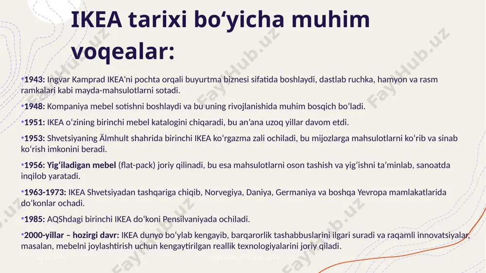 chayzi sifatida boshqarib, litsenziya to‘lovi to‘laydi. ayrim do‘konlar mustaqil franchayzilar tomonidan boshqariladi. bu model ikea brendining dunyo bo‘ylab barqarorligini saqlash va mahalliy bozorga moslashish imkonini beradi. ikea'ning rivojlanishi va muvaffaqiyat sabablari 1. arzon va sifatli mebel taqdim etish orqali ko‘proq odamlarga yuqori turmush tarzini yaratish imkonini beradi. 2. zamonaviy va funksional dizayn hamda yirik do‘konlarda tajriba asosidagi xarid qilish muhiti mijozlarni jalb qiladi. 3. mahsulotlarni amaliy sharoitlarda namoyish etish xaridorlarga ularni real hayotda qanday qo‘llash mumkinligini tushunishga yordam beradi ikea'ning tajriba marketingi mijoz psixologiyasini hisobga olib, xarid jarayonini ijtimoiy va qiziqarli holga aylantiradi. do‘konlarning keng maydoni va mahsulotlarning ijodiy joylashuvi mijozlarda tasavvur va sotib olish istagini oshiradi. bundan tashqari, shaxsiylashtirish va moslashtirish ikea dizayn falsafasining muhim qismidir. keng assortiment har bir mijozning shaxsiy didiga mos keladigan variantlarni tanlash imkonini beradi. ikea'ning do‘kon dizayni, restoranlari va bolalar uchun zonalari xaridorlarga do‘stlari va oilasi bilan dam olish, tadqiq qilish va xarid qilish …