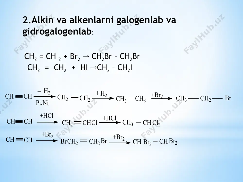 ikon kauchuklar va boshqa kremniyorganik birikmalar olishda ishlatiladi. - metilen xlorid. kinoplyonka olshda erituvchi sifatida ishatiladi. muhim va’killari. - tetraxlormetan.yonmaydigan erituvchi sifatida ishlatiladi, kimyoviy labaratoriya va sanoat korxonalarida yong’inni o’chirishda ishlatiladi. - freon-12(diftordixlormetan) odatdagi sharoitda rangsiz va hidsiz gaz. oson uchuvchan va zaharsiz va yonmaydigan bo’lib, sovutgich va kondinsionerlarda keng qo’llaniladi. -etil xlorid. odatdagi sharoitda gazsimon modda. tibbiyotda og’riqni qoldiruvchi mahalliy narkoz sifatida ishlatiladi. - ftorotan. xloroform o’rnida tibbiyotda hushsizlantiruvchi modda sifatida ishlatiladi. bemorlar narkozdan tez o’ziga keladi va uncha salbiy ta’sir ko’rsatmaydi. -xloroform.rangsiz, og’ir suyuqlik, kuchli erituvchi, ilgari hushsizlantiruvchi narkotik modda sifatida ishlatilar edi. foydalanilgan adabiyotlar: organik kimyo. b.umarov. “iqtisod- moliya” toshkent. organik kimyo. a.abdusamatov, r.mirzayev, r.ziyayev.to’ldirilgan 2-nashri.toshkent”o’qituvchi”2004 органическая химия.в.ф.травень.москва икц «академкнига» 2004. oleobject1.bin image1.wmf oleobject2.bin image2.wmf oleobject3.bin image3.wmf image4.emf oleobject5.bin image5.wmf oleobject6.bin image6.wmf image7.png image8.png image9.png image10.png image11.png image12.png oleobject13.bin image13.wmf oleobject14.bin image14.wmf oleobject15.bin image15.wmf oleobject20.bin image20.wmf oleobject16.bin image16.wmf oleobject17.bin image17.wmf oleobject18.bin image18.wmf oleobject19.bin image19.wmf oleobject21.bin image21.wmf oleobject22.bin …