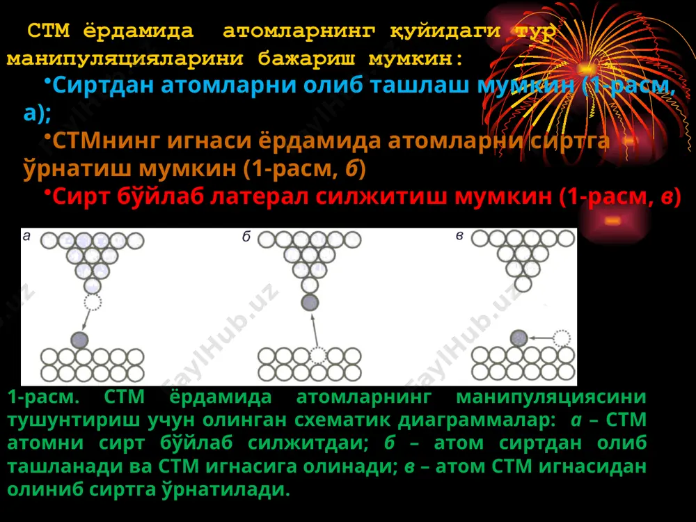 , используемых в стм, увеличение температуры при обычных условиях незначительно (<< 1 k) [29]. более серьезный эффект дает прямое электронное возбуждение системы адсорбат–подложка, как это было продемонстрировано на примере атомов н, адсорбированных на поверхности si. возможность удаления атомов водорода один за другим была использована для формирования «проволоки из ненасыщенных связей» на моногидридной поверхности si (100) 21-н (рис. 5.7). на исходной поверхности все свободные связи насыщены атомами н, следовательно, удаление одного атома н приводит к появлению одной ненасыщенной связи. эта процедура очень тонка и требует точной настройки используемых параметров: в данном случае напряжение было ut = – 2,9 в, туннельный ток 0,4 на, а длительность импульса от 100 до 300 мс. при несколько большем напряжении (выше – 3,0 в) затруднительно удалить лишь один атом н, так как часто одновременно удаляются несколько атомов. при немного меньшем напряжении (ниже – 2,6 в), напротив, удаление даже одного атома н происходит достаточно редко. рис. 5.7. …