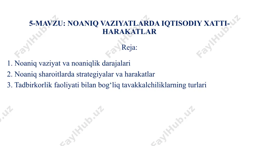 iyalarni joriy etish samaradorligi, tovarlarning ayrim toifalariga bo‘lgan talabning moslashuvchanligi va rejalar haqida ma’lumot olish). tahlillardan so‘ng davom etadigan noaniqlik qoldiq noaniqlik deb ataladi (bunday omillarga, ma’lum bir sohada davlat tomonidan tartibga solishni o‘zgartirish bo‘yicha hali tugamagan munozara natijalari, hozirda ishlab chiqilayotgan texnologiyalarning samaradorligi ko‘rsatkichlari va boshqalar kiradi). biroq, ko‘pincha qoldiq noaniqlik ham o‘rganilishi mumkin va amaliyot shuni ko‘rsatadiki, u to‘rt darajaga ega. noaniqlik darajalari 1-daraja: oqilona bashorat qilinadigan kelajak 2-daraja: muqobil fyucherslar 3-daraja: mumkin bo‘lgan fyucherslar diapazoni 4-daraja: to‘liq oldindan aytib bo‘lmaydigan 1-daraja: oqilona bashorat qilinadigan kelajak ushbu darajada qoldiq noaniqlik strategik qarorlar qabul qilishda muhim rol o‘ynamaydi. menejerlar faqat kerakli darajadagi aniqlikka ega bo‘lgan va korporativ strategiya uchun asos bo‘ladigan bitta prognozni ishlab chiqishlari kerak. uni tuzish uchun standart usullar to‘plami qo‘llaniladi - bozorni o‘rganish, raqobatchilarning faoliyatini tahlil qilish (birinchi navbatda, ularning xarajatlari tarkibi va ishlab chiqarish ob’ektlarining holati), qiymat zanjirini o‘rganish. 2-bosqich: muqobil fyucherslar* bunday holda, kelajak …