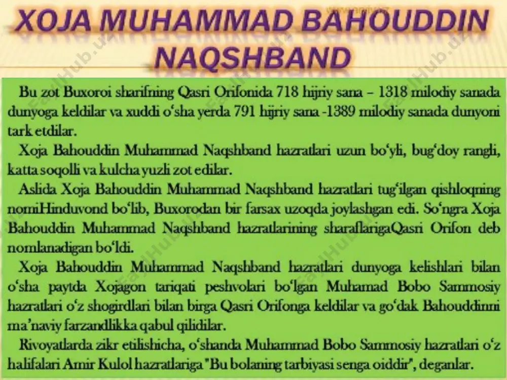 rt sifatida keng tarqalgan.  xulosa qilib aytganda, so’fizm ta’limotida islohotchi, yangilik yaratuvchi unvoniga muyassar bo’lgan naqshband hayoti va ijodiy merosi endi har tomonlama chuqur o’rganilmoqda, uning asarlarini topish, tadqiq etish va nashr qilish sharqshunos va faylasuflarning galdagi vazifalaridan hisoblanadi.  1) hamidjon homidiy, “tasavvuf allomalari”. toshkent – 2004. 2) najmiddin komilov, “tasavvuf”. toshkent – 2009. 3) usmon turar , “tasavvuf tarixi”. istiqlol -1999. 4) www. google.uz. foydalanilgan adabiyotlar:  e`tiboringiz uchun rahmat!  image3.png image4.png audio1.wav image5.png image6.png image7.png image8.png image9.png image10.png image11.png image12.png /docprops/thumbnail.jpeg