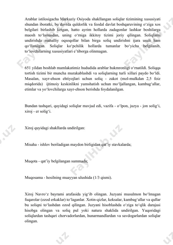 opilgan bitiklar, yozuvlar esa soliq to‘lash bo‘yicha katta devon bo‘lganligidan darak beradi. bu hujjatlarni tahlil qilish shuni ko‘rsatadiki, soliq yig‘ish va mahsulotlarni asrashga ko‘pdan-ko‘p amaldorlar jalb qilingan. iv-vi asrlardagi turkiy qavmlar tarixiga oid qadimgi manbalarda qabilalar, urug‘lar o‘rtasida sodir bo‘lgan to‘qnashuvlarda mag‘lubiyatga uchragan tomon aholisi yangi hukmdorlariga mavjud er yoki chorvalari uchun soliqlar to‘lab turganligi, dehqonchilik yoki chorvachilik bilan shug‘ullanish imkoni bo‘lmagan joylarda esa soliq o‘rniga belgilangan miqdorda konlardan ma’danlar qazib berganliklari kabilar haqida ma’lumotlarni uchratish mumkin. arablar istilosigacha markaziy osiyoda shakllangan soliqlar tizimining xususiyati shundan iboratki, bu davrda quldorlik va feodal davlat boshqaruvining o‘ziga xos belgilari birlashib ketgan, hatto ayrim hollarda zadagonlar lashkar boshilarga maosh to‘lamasdan, uning o‘rniga ikkitoy tizimi joriy qilingan. soliqlarni undirishda mahalliy oqsoqollar bilan birga soliq undirishni ijara usuli ham qo‘llanilgan. soliqlar ko‘pchilik hollarda tumanlar bo‘yicha belgilanib, to‘lovchilarning xususiyatlari e’tiborga olinmagan. 651 yildan boshlab mamlakatimiz hududida arablar hukmronligi o‘rnatildi. soliqqa tortish tizimi bir muncha murakablashdi va …