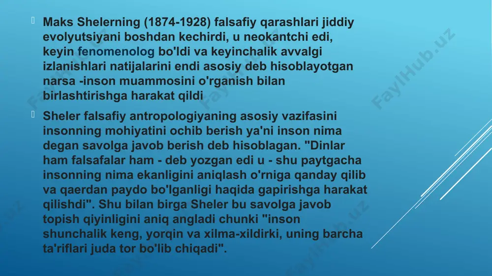 h inson mavjudligining eng muhim belgisidir marhum shelerda esa inson o'zining asosiy tamoyilini amalga oshirishga intiladi uning o'lchovlarida ilohiylik inson bilan birlashadi bu falsafiy ta’limotdagi iloh inson va insoniyatda bo‘lish deb tasavvur qilinadi inson xudoning ijodi sifatida emas balki asl ontologik imkoniyatlarning buyuk sintezining “hammuallifi” (mitbildner) sifatida tushuniladi. sheler inson ruhini voqelikdan uzoqlasha olish qobiliyatining chuqur mohiyatini “g‘oyaviy abstraksiya” harakatlarida topadi bunda inson ruhi sof mohiyatlar olamiga ko‘tariladi borliqning so‘nggi negizlariga kirib boradi. "ruh" faoliyati shelerning fikricha "ruh" tomonidan o'z xizmatiga qo'yilgan instinktlar kuchiga asoslanadi "ruh"ning o'zi kuchsizdir. eng yuksak g'oyalar agar ular instinktlar energiyasiga asoslanmagan bo'lsa, amalga oshmay qoladi. "ruh" instinktlarni inkor etmasligi, balki ularni o'z harakat doirasiga jalb qilishi kerak. e’tiboringiz uchun rahmat image1.jpeg image2.png /docprops/thumbnail.jpeg
