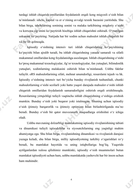 oqda. resurslarning yirtqichligi tufayli vaqtincha ishlab chiqarishning o‘sishiga erishish mumkin. bunday o‘sish yoki beqaror yoki istalmagan. shuning uchun iqtisodiy o‘sish ijtimoiy barqarorlik va ijtimoiy optimizm bilan birlashtirilganda ma’no beradi. bunday o‘sish bir qator muvozanatli maqsadlarga erishishni o‘z ichiga oladi. ushbu mavzuning dolzarbligi mamlakatning iqtisodiy rivojlanishining tabiati va dinamikasi tufayli iqtisodchilar va siyosatchilarning eng yaqinligi muhim ahamiyatga ega. shu bilan birga, rivojlanishning dinamikasi va rivojlanish darajasi yuzaga keladi, shu bilan birga, milliy iqtisodiyotning tarkibiy o‘zgarishlari ro‘y beradi, bu mamlakat hayotida va uning istiqbollariga bog‘liq. yuqorida aytilganlardan xulosa qilishimiz mumkinki, iqtisodiy o‘sish muammolari butun mamlakat iqtisodiyoti uchun ham, ushbu mamlakatda yashovchi har bir inson uchun ham muhimdir. 1. iqtisodiy o‘sishning nazariy asoslari va mazmuni iqtisodiyot fani shakllana boshlanishidan iqtisodiy o‘sish muammosi ushbu fan diqqat markazida turibdi. mazkur muammoni hal etish aholi soni muntazam ko‘payib borayotgan sharoitlarda ularning turmush darajasini oshirishni ta’minlaydigan iqtisodiy rivojlanish omillarini izlashni anglatadi. rivojlangan mamlakatlarda iqtisodiy o‘sish tarixini tadqiq …
