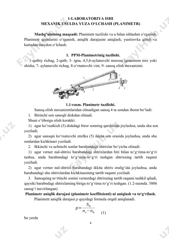 iqlash jadvali (1.3-rasm). 1.1-jadval kontur sanoq olish mexanizmlaridan olingan sanoqlar sanoqlar farqi sanoqlar farqining o‘rta qiymati 1.3 1986 3031 4076 1045 1045 1045 1:10000 masshtabdagi plandagi kvadratning maydoni 100 (gektarga) ga teng. ga 1.2-jadval kontur sanoq olish mexanizmlaridan olingan sanoqlar sanoqlar farqi sanoqlar farqining o‘rta qiymati maydon yuzasi, ga 1.4 1173 1538 1905 365 367 366 35.02 ga 2. кр-80n elektron planimetri 1.5-rasm. кр-80n elektron planimetrining tuzilishi. planimetr displeyida simvollarning ifodalanishi (1.6 - rasm) scale: 1:1 masshtabdan boshqa mashtab qiymatini o‘rnatishda displeyda paydo bo‘ladi.hold hold: o‘lchash jarayonida tugmasi bosilganda displeyda paydo bo‘ladi. memo: o‘lchangan qiymat asbob xotirasiga saqlanganda displeyda paydo bo‘ladi. batt-e: asbobni quvvat oldirish zarur bo‘lganda displeyda paydo bo‘ladi. 1.6-rasm. planimetrning displeyida simvollarning ifodalanishi. tugmalarning bajaradigan funksiyalari: – asbobni yoqish – asbobni o‘chirish – raqamli tugmalar – o‘nlik nuqta – o‘lchashni boshlash – o‘lchashda vaqtinchalik to‘xtab turish – o‘lchash natijasini xotiraga saqlash – o‘rta qiymatni hisoblash – o‘lchov birliklari …