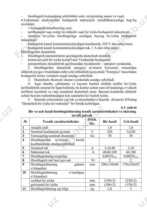 nishi: · ctk – “telekart” markali elektron hisoblagich; · 1 – bir fazali; 3 – uch fazali; · 10 – 1,0s aniqlik sinfi; · a1 – aktiv energiyani hisobga olish; q2 – ikki yo‘nalishda aktiv va reaktiv energiyani hisobga olish; · t3– tok va kuchlanish bo‘yicha uch simli transformatorli ulanish: 100 v, 5 a; · h4 – tok va kuchlanish bo‘yicha to‘rt simli transformatorli ulanish: 380 v, 5 a; · h7 (h9) – tok va kuchlanish bo‘yicha to‘rt simli to‘g‘ridan-to‘g‘ri ulanish: 380 v, 5 a (60 a), (380 v, 10 a (100 a)); · i – qo‘shimcha interfeysning mavjudligi. bir tarifli bir fazali hisoblagichlar bir tarifli bir fazali “telekart-asbob” hisoblagichlari maishiy sektorda qo‘llash uchun mo‘ljallangan. maksimal tokning yuqori qiymati tufayli ular elektr energiyasini ko‘p miqdorda iste’mol qiladigan ko‘p sonli elektr asboblar bilan jihozlangan uylarda va xonadonlarda qo‘llanilishi mumkin. “telekart-asbob” mchj ishlab chiqaradigan barcha hisoblagichlar 1,0 dan past bo‘lmagan aniqlik sinflariga …