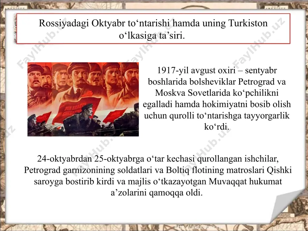 va so‘l eserlar hokimiyatni zo‘ravonlik yo‘li bilan egallash uchun kurash boshladilar. bolsheviklar rahbarlik qilgan toshkent soveti ishchi va soldatlarni qo‘zg‘olon ko‘tarishga da’vat qildi. lekin muvaqqat hukumat tomonidan turkiston o‘lkasining bosh komissari qilib tayinlangan general p.korovichenkoga sodiq qolgan qismlar bunga qarshilik ko‘rsatdilar. toshkentda 1917-yil 15 – 22-noyabrda bo‘lgan turkiston ishchi va soldat deputatlari sovetlarining iii o‘lka syezdida so‘l eserlar, bolsheviklar va maksimalistlardan iborat sovet hukumati – turkiston o‘lka xalq komissarlari soveti tuzildi. hukumatda 8 o‘rin so‘l eserlarga, 7 o‘rin bolsheviklar bilan maksimalistlarga berildi hamda u faqat yevropaliklardan iborat qilib tuzildi. turkiston o‘lkasi xks raisi lavozimini kasbi chizmachi bo‘lgan bolshevik fyodor kolesov egalladi, harbiy komissar qilib izvoshchi ye.perfilev, boshqa komissarlik lavozimlariga ham o‘rtamiyona ma’lumot olgan kishilar tayinlandi. turkistonda ham bolsheviklar tomonidan zo‘ravonlik bilan sovet hokimiyati o‘rnatildi. bolsheviklar hukumati yevropalik ishchilar, qizil gvardiyachilar va boshqa harbiy qismlarga tayanib, mintaqada o‘z diktaturasini o‘rnatdi. bolsheviklar va so‘l eserlarning turkiston jadidlariga qarshi kurashi. turkistonning kelgusi taqdiri …