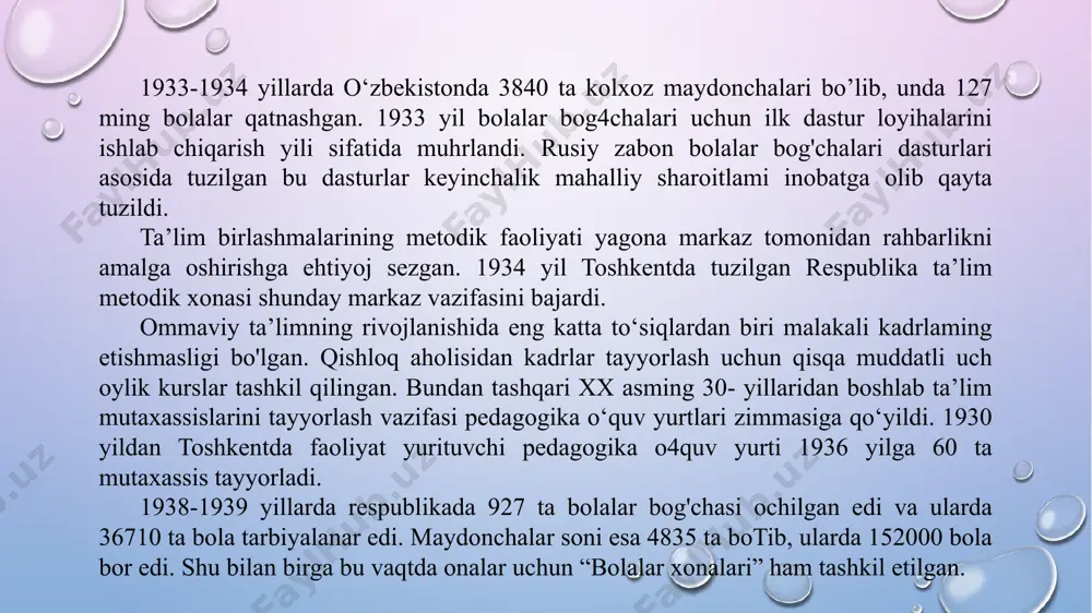 ta ta'lim muassasalarining boshlang'ich sinflarida informatika fani, o'rta sinflarda esa o'quvchilarning moliyaviy savodxonligini oshirishga qaratilgan darslar joriy etiladi; barcha fanlar bo'yicha amaliy mashg'ulotlar ulushi 60 foizga etkaziladi. bunda, darslardagi mavzular aniq muammoni hal qilish orqali o'rgatiladi, amaliyot darslari esa loyihani bajarish shaklida o'tkaziladi. pf-79-son farmoni 2024 yil 1 yanvardan boshlab umumiy o'rta ta'lim muassasalarining pedagogik kasblariga birinchi marta ishga qabul qilinayotgan talabgorlarni kasbiy sertifikatlash tizimi joriy etiladi. bunda:2023/2024 o'quv yilidan boshlab pedagogik kasblarga birinchi marta ishga qabul qilinadigan oliy ma'lumotli talabgorlar stajyor-o'qituvchi sifatida faoliyat yuritadi va ular ishga qabul qilingan vaqtdan boshlab bir yil muddat davomida kasbiy sertifikatga ega bo'lishi talab etiladi; stajyor-o'qituvchilarga ular kasbiy sertifikat olguniga qadar oliy ma'lumotli (toifasiz) o'qituvchining bazaviy tarif stavkasi qo'llaniladi; pf-79-son farmoni 2-mashq 2024 yil 1 yanvardan boshlab davlat maktabgacha, umumiy o'rta va maktabdan tashqari ta'lim tashkilotlari pedagog kadrlariga malaka toifasini berishning yangi tartibi joriy qilinadi. bunda: malaka toifasini olish bo'yicha sinovlar bir yilda …
