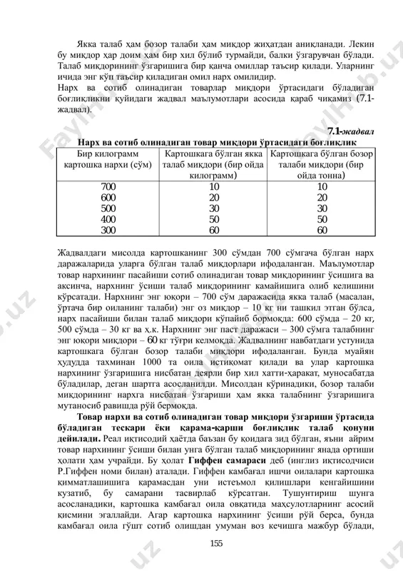 ан келиб чиқиб, талабга қуйидагича таъриф бериш мумкин: маълум вақт оралиғида, нархларнинг мавжуд даражасида истеъмолчиларнинг товар ва хизматлар маълум турларини сотиб олишга қодир бўлган эҳтиѐжи талаб дейилади. талаблар турлича бўлиб, одатда бир хил товар ѐки хизматларга бўлган талабнинг икки тури фарқланади: якка талаб ва бозор талаби. ҳар бир истеъмолчининг, яъни алоҳида шахс, оила, корхона, фирманинг товарнинг шу турига бўлган талаби якка талаб дейилади. бир қанча (кўпчилик) истеъмолчиларнинг шу турдаги товар ѐки хизматга бўлган талаблари йиғиндиси бозор талаби дейилади. 155 якка талаб ҳам бозор талаби ҳам миқдор жиҳатдан аниқланади. лекин бу миқдор ҳар доим ҳам бир хил бўлиб турмайди, балки ўзгарувчан бўлади. талаб миқдорининг ўзгаришига бир қанча омиллар таъсир қилади. уларнинг ичида энг кўп таъсир қиладиган омил нарх омилидир. нарх ва сотиб олинадиган товарлар миқдори ўртасидаги бўладиган боғлиқликни қуйидаги жадвал маълумотлари асосида қараб чиқамиз (7.1- жадвал). 7.1-жадвал нарх ва сотиб олинадиган товар миқдори ўртасидаги боғлиқлик бир килограмм картошка нархи (сўм) картошкага …