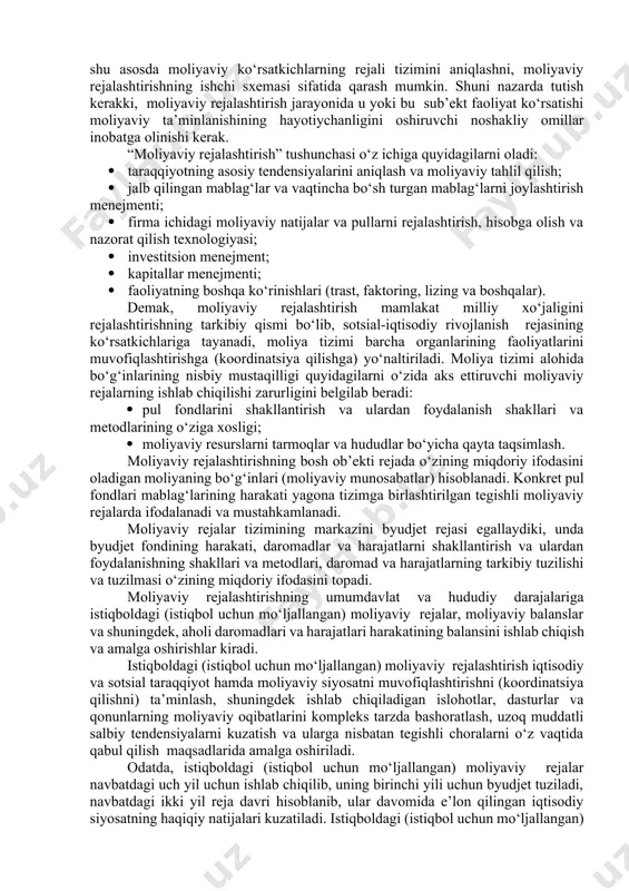 i anglatuvchi “rejalilik” orqali aniqlash mumkin. haqiqatdan ham rejalashtirish amaliyotda rejalilikni amalga oshirishni, ya’ni balanslilik (muvozanat) va proporsionallilikka (mutanosiblikka) erishish bo‘yicha ongli faoliyatni bildiradi. shu ma’noda, moliyaviy resurslarning balansliligini (muvozanatini) va prorporsionalliligini (mutanosibligini) ta’minlashga qaratilgan faoliyatga moliyaviy rejalashtirish deyiladi. bunda balanslilik (muvozanat) davlatning ixtiyorida bo‘lgan moliyaviy resurslar va xo‘jalik yurituvchi sub’ektlarning ixtiyorida (qo‘lida) qolgan daromadlar o‘rtasidagi optimal nisbatni bildiradi. proporsionallik (mutanosiblik) esa korxonalar, xo‘jalik tarmoqlari, mintaqalar va davlat sub’ektlari bo‘yicha daromadlarning soliq to‘languncha va soliq to‘langandan keyingi o‘lchamlari (miqdorlari) o‘rtasidagi oqilona nisbatdan iborat. ana shu nisbatni ko‘paytirish yoki kamaytirish orqali davlat ularning rivojlanishini rag‘batlantirish yoki cheklab qo‘yishi mumkin. 2-savol bayoni. umumiy va oddiy ko‘rinishda, moliyaviy rejalashtirish deyilganda moliyaviy rejalarni tuzish va amalga oshirish jarayoni nazarda tutiladi. moliyaviy rejani, xuddi uni ishlab chiqish, yaratish yoki tuzish jarayoni kabi moliyaviy ko‘rsatkichlarni ijodiy tahlil qilish, umumlashtirish va o‘zaro bog‘lash tizimi sifatida qarash kerak. amaliyotda tez-tez foydalaniladigan rejalashtirish ma’lumotlarini, masalan, korxona faoliyatining shakliy modelini …