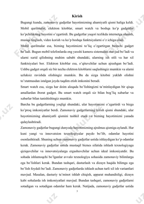 ish, musiqa tinglash, internetda bo’lish va boshqa ko’plab muhim vazifalarni bajarishingiz mumkin. zamonaviy gadjetlarning turli xil turlari mavjuddir, shular odatda quvonchli hayot uchun zaruri bo’lgan smartfonlar, planshetlar, smartwatchlar (puls niqobi va sport sohiblari), kamera va videokameralar, juftlikli qiymatli qog’oz yoki elektronik kitoblar kabi. smartfonlar - bugungi kunda dunyoda eng ko’p ishlatiladigan zamonaviy gadjetlardan biridir. bu mahsulotlar o’n yildan ortiq bir muddatdan beri mavjud bo’lib kelgan. smartfonlarda android os, ios yoki windows os kabi operatsion tizimlari ishlatiladi. bu qurilmalar mobil kommunikatsiyani ta’minlashning yanada daromadli varianti hisoblanadi. planshet - quyidagi eng muhim xususiyatlarga ega: hajmi katta ekran (10 “dan 12” gacha), eng yangi tezlikda ishlash uchun mahsus tuzilma (protsessor, operativ hafiza), yorqinlik va o’zgartirishqa tayyor keng chiziladigan tuslar. smartwatch - shu qurilmalar ko’p funksiyalarga ega bo’lib, pulsmetri va sport sohibi sifatida ishlatiladi. smartwatchlar orqali siz telefon zilini eshitishingiz, xabar almashingiz va musiqa tinglashingiz mumkin. kamera va videokamera - bu qurilmalar bilan siz …