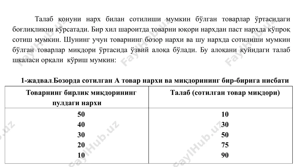 ойдасиз. талаб ўзгартирмайди, аммо даромад пасаяди. б) нархнинг монопол ўсиши (маълум бир даражагача) талабга таъсир килмайди. лекин унинг шиддатли ўсиши талабга таъсир қилади ва уринбосари товарларга эҳтиёж кўп аяди (масалан, макарон нархининг ошиши нон ва картошкага бўлган талабни кўпайтиради). ҳар хил товарлар нарх ўзгаришига ҳар хил эътибор қилади. масалан, 1-эҳтиёж товарларига алмашинмайдиган товарлар (сут, нон, дори) нисбатан арзон товарлар (гугурт, тўз). масалан: талаб эластиклиги нархга нисбатан қуйидаги холларда паст бўлади: товарни узоқ сақлаш имкони йўқ; товарга кандайўхшаган товар йўқ; ҳаридор бу товарни бошқа товарлар сифатига ухшашлигини билиши кийин; товар уларнинг бюджетининг катта бўлмаган қисминиташкил этади; истеъмолчи ўз ҳаражатларини бошқа (фирма, сугўрта компаниялари) билан бўлиши мумкин (мед. хизмати). товарни узоқ сақлаш мумкин эмас. 4.нархларга таъсир этадиган асосий омиллар. истеъмол товарлари нархига жуда кўп омиллар таъсир қилади. унинг натижасида ишлаб чиқарувчилар, айрибошлаш (савдо) корхоналари ортиқча фойда олиши ёки зарар кўришлари мумкин. нархга таъсир қилувчи омилларни умумлаштириб икки гуруҳга бўлиш мумкин: 1. объектив …