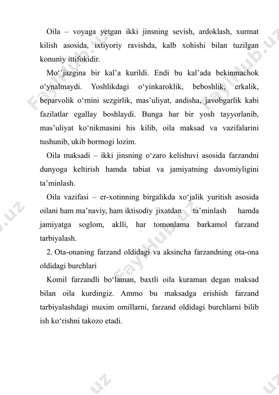 id kildingiz, kelgan zaxotiyok uni kichigingizga berdingiz-u, xech kimga ko‘rsatma dedingiz. u esa bolaligiga borib, shirinlikni hamma akalariga ko‘z-ko‘z kilib chikdi. lekin ularga yo‘k. ular o‘ksinishadi. kichik bo‘lgan yaxshi ekan deyishadi. hamma narsa kichikka, sovga ham, shirinlik ham, erkalatish ham, deb bolalar orasidagi yakkalik, o‘zini uzok tutish kayfiyatlari paydo bo‘la boshlaydi. bunday xolatlarga yo‘l ko‘ymaslik uchun, uyga biror narsa harid kilib, olib kelganingizda har doim uni adolatli taksim kiling. taksimlash jarayonida ota-ona o‘zlarini ham unutmasliklari kerak. bu juda muximdir. bolalaringiz bu jarayonni ko‘rsa, vakti kelib ular ham topib keladigan bo‘lganlarida sizga ulush ajratishni unutmaydilar. bolalar oldida kilgan bu adolatli taksimingiz ular uchun eng katta sabok bo‘ladi. birinchidan, ular bir-birlariga mexrlari orta boradi. ikkinchidan, doimo ota-onani eslab turadigan bo‘ladilar. aks xolda olib kelgan narsalaringizni fakat bolalaringizga taksim kiladigan bo‘lsangiz, keyinchalik ular sizni eslamaydigan, fakat o‘zlarini o‘ylaydigan bo‘lib koladilar. ayniksa, karib kuch-kuvvatdan kolganingizda tarbiyada yo‘l ko‘ygan bu xatoingiz siz uchun juda katta …