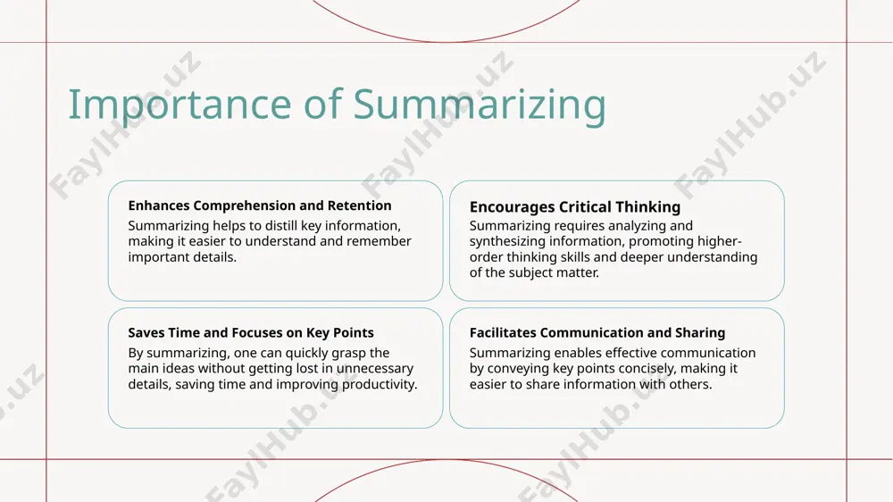 sages, and providing a brief overview of a complex topic. summarizing in professional settings 1 2 3 importance of summarizing in professional settings strategies for effective summarizing examples of summarizing in professional settings summarizing is crucial in professional settings to effectively communicate key points, save time, and ensure clarity in complex discussions. effective summarizing in professional settings involves active listening, identifying main points, and concisely articulating them for the audience. examples of summarizing in professional settings include summarizing meeting discussions, condensing project updates, and providing executive summaries for reports. tools for summarizing summarizing techniques tools for summarizing include techniques such as highlighting key points, creating outlines, using graphic organizers, and identifying main ideas. summarizing software there are various software tools available for summarizing, such as evernote, onenote, and google keep, which help condense information efficiently. summarizing apps mobile apps like summarizethis and tldr can aid in summarizing lengthy articles, documents, …