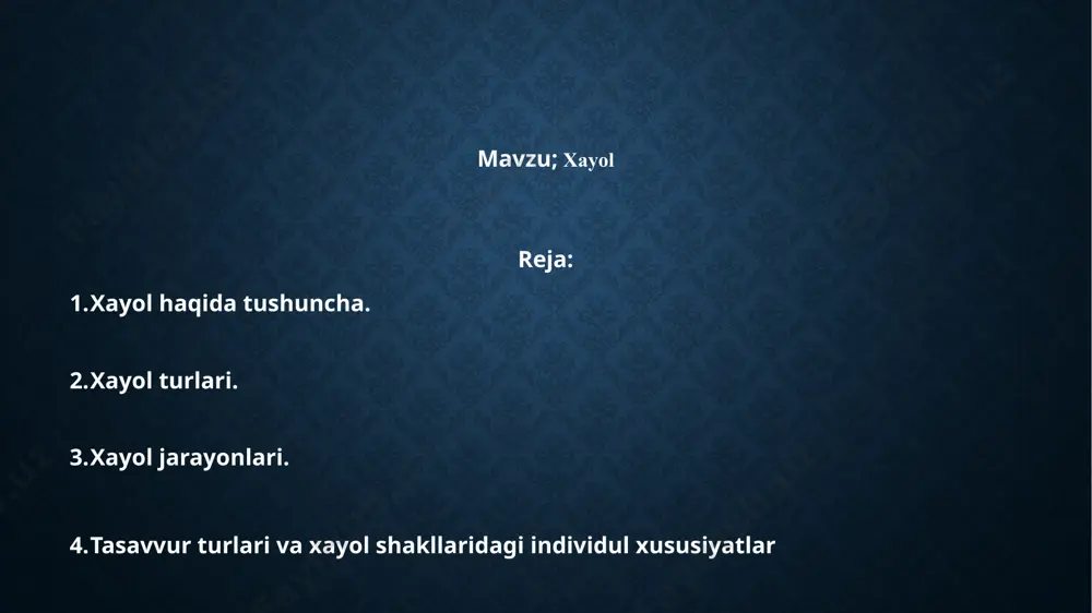 aniq bo`lsa, masalani echish yo`lining mohiyati ko`proq tafakkur qonunlariga tobe bo`ladi. agar muammoli vaziyat ko`p jihatdan o`zining noaniqligi bilan ajralib tursa, dastlabki ma`lumotlarni aniq analiz qilish juda qiyin bo`lsa xayol mexanizmlari ishga tushadi xayol o`zining faolligi va aktivligi bilan xarakterlanadi. shu bilan birga xayol kishini faollikka undovchi kuch, turtki sifatida ham ishlaydi. lekin ayrim hollarda xayol faoliyatning o`rnida, ya`ni soxta faoliyat sifatida harakat qilishi mumkin. odam og`ir ahvolga tushganda, biror masalani echa olmaganda, o`z xatolaridan qochishga harakat qilgan kabi hollarda u foydasiz orzularga, real hayotdan uzoq fantastika olamiga kirib ketishi mumkin. bunday hollarda kishi amalga oshirib bo`lmaydigan ish-harakat rejalarini tuzadi. xayolning bunday turi passiv xayol deb ataladi. passiv xayol ixtiyoriy yoki ixtiyorsiz yuzaga kelishi mumkin. ixtiyoriy ravishda yuzaga keltirilgan, lekin hayot bilan, real hayotdagi faollikka olib kelmaydigan passiv xayol turi shirin xayol deb ataladi. qandaydir quvonchli, yoqimli narsalar haqida shirin xayollarga berilish hammaga xos. ammo inson hayotida shirin xayol kechirish …