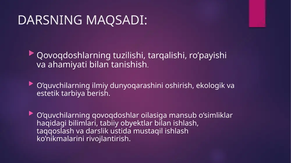 linadigan o’simlik---------7.itsigak qovoqdoshlar oilasiga mansub o’simliklar bir yillik o’tlar: qovoq tarvuz qovun qozonsochiq bodring itqovun(eshak bodring) sapchaqovun oddiy bodring madaniy turlari qozonyuvg’ich idish-qovoq v qovoqdoshlar oilasiga mansib yovvoyi tur: itqovun qovoqdoshlar oilasiga mansub o’simliklarga xos belgilar: yer yuzidagi turlar soni 800 o’zbekistondagi turlar soni 18 hayotiy shakllari asosan bir va ko’p yillik o’tlar poyasi o’rmalab yoki jingalaklari bilan ilashib o’sadi bargi oddiy,ketma-ket o’rnashgan gullari to’g’ri, ayrim jinsli, hasharonkar yordamida changlanadi gulqo’rg’oni murakkab mevasi etdor, sersuv, qovoq meva gul formulasi gk(5)gt(5)gh(2)+(2)+11u0 gk(5)gt(5)gh0u(3) mevasi ildizi poyasi bargi guli changchi gulining tuzilishi changchi gulining formulasi: ch(5)gt(5)ch(2+2)+1 u0 gul diagrammsi urug’chi gulining tuzilishi urug’chi gulining formulasi: ch(5)gt(5)ch0 u(3) диаграмма цветка oshqovoq--- qovoq turkumiga mansub bir yillik poliz o’simligidir.poyasi silindirsimon. mayda tuklar bilan qoplangan, o’rmalab yoki jingalaklari bilan ilashib o’sadi. barglari yirik,oddiy, buyraksimon,yaprog’i 5-7 ga bo’lingan.qovoq bir uyli o’simlik bo’lib changchi va urug’chi gullari bitta tupda yetishadi. gullari sariq.chagchi gullari nisbatan yirik bo’lib, urug’chi gullaridan …