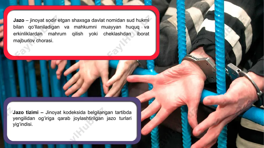 ariqasidagi jazoni o‘tashdan qasddan bo‘yin tovlagan, shuningdek sud tomonidan o‘z zimmasiga yuklangan majburiyatlarni bajarmagan taqdirda, sud ozodlikni cheklash jazosining o‘talmay qolgan muddatini boshqa turdagi jazo bilan almashtirishi mumkin. jazoni o‘tashdan bo‘yin tovlash vaqti o‘talgan jazo muddatiga qo‘shib hisoblanmaydi. ozodlikni cheklash harbiy xizmatchilar, chet el fuqarolari, shuningdek o‘zbekiston respublikasida doimiy yashash joyiga ega bo‘lmagan shaxslarga nisbatan tayinlanmaydi. ozodlikni cheklash * ozodlikni cheklashda qo‘llaniladigan taqiq (cheklash) turlari muayyan joylarga bormaslik ommaviy va boshqa tadbirlar o‘tkazishda ishtirok etmaslik; muayyan faoliyat bilan shug‘ullanmaslik; muayyan buyumlarga ega bo‘lmaslik yoki ularni o‘zida saqlamaslik; transport vositasini boshqarmaslik; alkogolli ichimliklar iste'mol qilmaslik muayyan shaxslar bilan aloqa o‘rnatmaslik; aloqa vositalaridan, shu jumladan internetdan foydalanmaslik; mahkumlarni nazorat qiluvchi organning roziligisiz yashash joyini, ish va (yoki) o‘qish joyini o‘zgartirmaslik, tegishli ma’muriy hududdan tashqariga chiqmaslik; 1 2 3 4 5 6 7 8 9 intizomiy qismga jo‘natish - muddatli harbiy xizmatchilarini sud tomonidan belgilangan muddat mobaynida ichki tartibi ancha qattiq bo‘lgan maxsus …