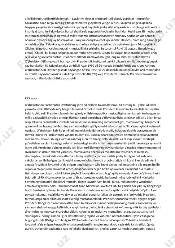 sssrda qanday tub o’zgarishlar bo’lganiga jiddiy e‘tibor beramiz. demak, sobiq imperiyaning tajovuzkorona siyosati 73 yil mobaynida astasekinlik bilan chok-chokidan sitila bordi. natijada mamlakat ijtimoiy-siyosiy jarayonlarini ham, odamlar xatti-harakatini ham boshqarib bo’lmaydigan holatlar vujudga keldi. ana shunday murakkab siyosiy-huquqiy va ma‘naviy muhim hamda aholi ma‘naviy-ruhiy holatining butun miqyosi va mohiyatini to’g’ri baholash lozim edi. darhaqiqat, xx asrning 80-yillari oxirida respublika yetakchisi islom karimov qanday sharoitda hokimiyat tepasiga keldi? o’tmishdoshlaridan unga qanday jamiyat meros bo’lib qolgan edi? u qanday vaziyatda ish boshladi? darvoqe, masalaga ana shu tarzda xolis yondashilsa, bizningcha, prezidentning ham, mamlakatning ham to’laqonli qiyofasi, xalqimizning xohishirodasi, maqsad va vazifalari, tashvish-iztiroblari, qo’yingki, hammasi ko’z o’ngimizda kino lentasiday yaqqol gavdalanadi. mavjud hodisalar va qaror topgan ijtimoiy-iqtisodiy, siyosiyma‘naviy muhitga adolatli tarzda baho berish kerak edi! islom karimov respublikaning birinchi rahbarligiga saylanganidanoq, aytish joizki, markaz bilan o’ziga xos, ya‘ni teng munosabatga kirishdi! ochiqroq aytganda, uning qat‘iyatliligi, u yoki bu tomonga og’masdan o’z mustaqil fikriga …