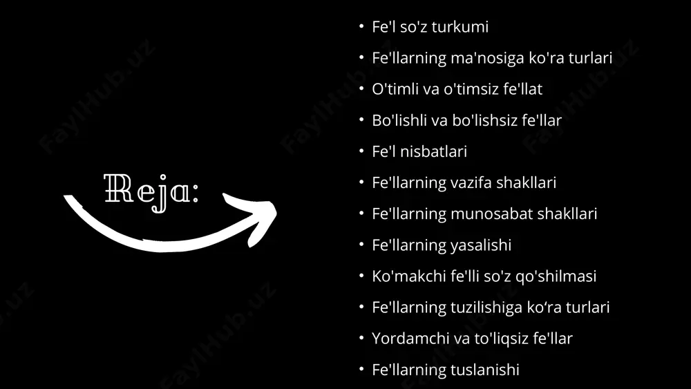 ozdi- yozmadi, o'qidi-o'qigan emas. bajaruvchining harakat-holat jarayonida qay darajada ishtirok etishini bildiruvchi fe'l shakli fe'l nisbatlari deyiladi. fe'llarda 5 ta nisbat mavjud: 5. fe'l nisbatlari bajaruvchisi aniq bo'lgan harakat yoki holatni bildirgan fe'l shakli. aniq nisbatning maxsus qo'shimchasi yo'q. u qolgan nisbatlar uchun asos vazifasini bajaradi. masalan: o'qidi, yozyapti, a) aniq nisbat bajaruvchining o'z ustida amalga oshadigan harakat yoki holatni bildirgan fe'l shakli. qo'shimchasi: -n, -in, -l, -il. masalan: yuvindi, to'plandi, ochildi (o'simlikka nisbatan), qoqildi (yiqildi) b) o'zlik nisbat bajaruvchisi noma'lum bo'lgan harakat yoki holatni bildirgan fe'l shakli. qo'shimchasi: -n, -in, -l, -il. masalan: yuvildi, yozildi, ochildi (eshik, sir), qoqildi (mix) c) majhul nisbat birdan ortiq bajaruvchi tomonidan birgalikda bajariladigan harakat yoki holatni bildirgan fe'l shakli. qo'shimchasi: -sh, -ish. masalan: tinglashdi, borishdi, yozishdi d) birgalik nisbat ta'sir ostida boshqa shaxs yoki narsa tomonidan bajarilgan harakat yoki holatni bildirgan fe'l shakli. qo'shimchalari: -sat, -t, -dir, -tir, -giz, -kiz, -qiz, -g'iz, -kaz, …