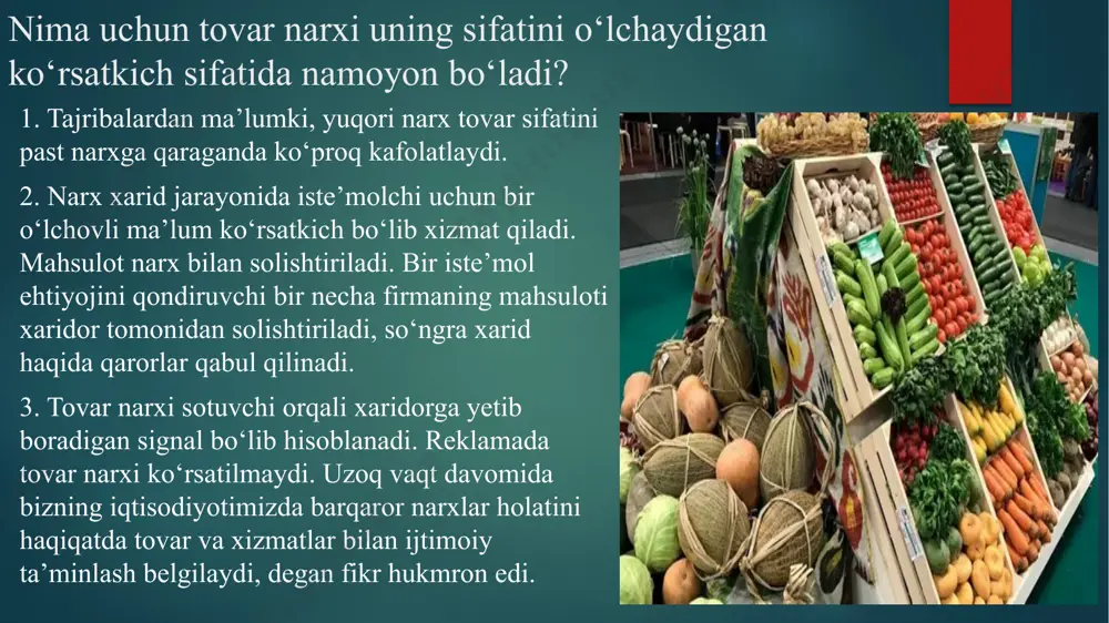 tilgan va shartnomaning jami amal qilish muddati davomida o‘zgartirilishi mumkin bo‘lmagan narx (shartnoma kelishuviga ko‘ra). bozor narxi – oldi-sotdi olib borishda, ayrim bozorlarda qo‘llanuvchi baholar. maqsadga yo‘naltirilgan narx siyosati turli xil narxlarni belgilashni ko‘zda tutadi. qabul qilingan belgilariga ko‘ra narxlar turlar bo‘yicha tasniflanadi. ulardan eng muhimlarini ko‘rib chiqamiz. tariflar - bu xizmatlar uchun narxlar. masalan, elektroenergiya, aloqa xizmati uchun tariflar, temir yo‘l tariflari. davlat tariflari rejalashtirilgan narxlarning bir shaklidir. temir yo‘lda, avtomobillarda va boshqa transport vositalarida yuk tashish tarifidan transport tashkilotlari o‘zaro hisob-kitob qilishda ham, transportdan foydalangan davlat, kooperatsiya korxonalari bilan hisob-kitob qilishda ham shu tarifdan foydalanadilar. davlat tomonidan narxlarning boshqarilishi darajasi va ularni tartibga solishning boshqa vositalariga ko‘ra quyidagi narxlar farqlanadi: boshqariladigan narxlar bu – darajasi boshqaruvning mos keluvchi organlari tomonidan nazorat qilinadigan narxlar. ularning orasidan eng oxirgi (yakuniy) narxni ajratish mumkin (korxona o‘z mahsuloti yoki xizmatiga undan yuqori baho belgilash huquqiga ega bo‘lmagan narxlar), jalb etilgan narxlar (ma’lum …