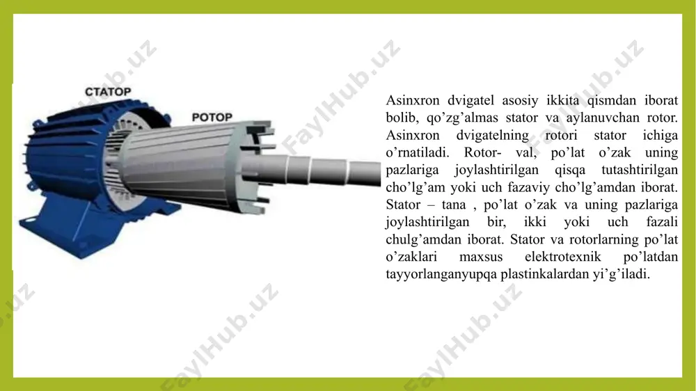 rning ishlash prinsiplari, ularning harakat va tortish kuchi xususiyatlari, shuningdek, ekvivalent sxemalariga oid muhim kontseptsiyalar yuritildi. shuni ta'kidlash kerakki, asinxron matorlar sanoatdagi energiya iste'molining taxminan 60 foizini tashkil etadi, bu esa ularning optimal ishlashi va samaradorligini oshirishning ahamiyatini yanada oshiradi. umuman olganda, asinxron matorlarning matematik modellarini yanada takomillashtirish va ularni amaliyotga joriy etish, energiya samaradorligini oshirish va barqaror rivojlanishni ta'minlashda muhim ahamiyatga ega. bu so-hada olib boriladigan tadqiqotlar, texnologik taraqqiyot va sanoatning rivojlanishiga xizmat qiladi, shuningdek, global energiya iste'molining samara-dorligini oshirishga yordam beradi. foydalanilgan adabiyotlar 1. kamilov, a. m. asinxron matorlar nazariyasi. toshkent: o'zbekiston milliy universiteti, 2022. 2. ismoiliy, f. & khamroev, s. asinxron matorlar uchun matematik modellar. elektronika va energiya, 2023. 3. abdullaeva, d. asinxron matorlar monitoringi va boshqaruvi. o'zbekistan elektronika jurnali, 2021. 4. tashkent, s. asinxron matorlarni optimallashtirish bo'yicha tadqiqotlar. o'zbekiston muhandislik jurnali, 2020. 5. rustamov, a. & umarov, r. sun'iy intellekt yordamida matorlarni nazorat qilish. texnik tadqiqotlar …