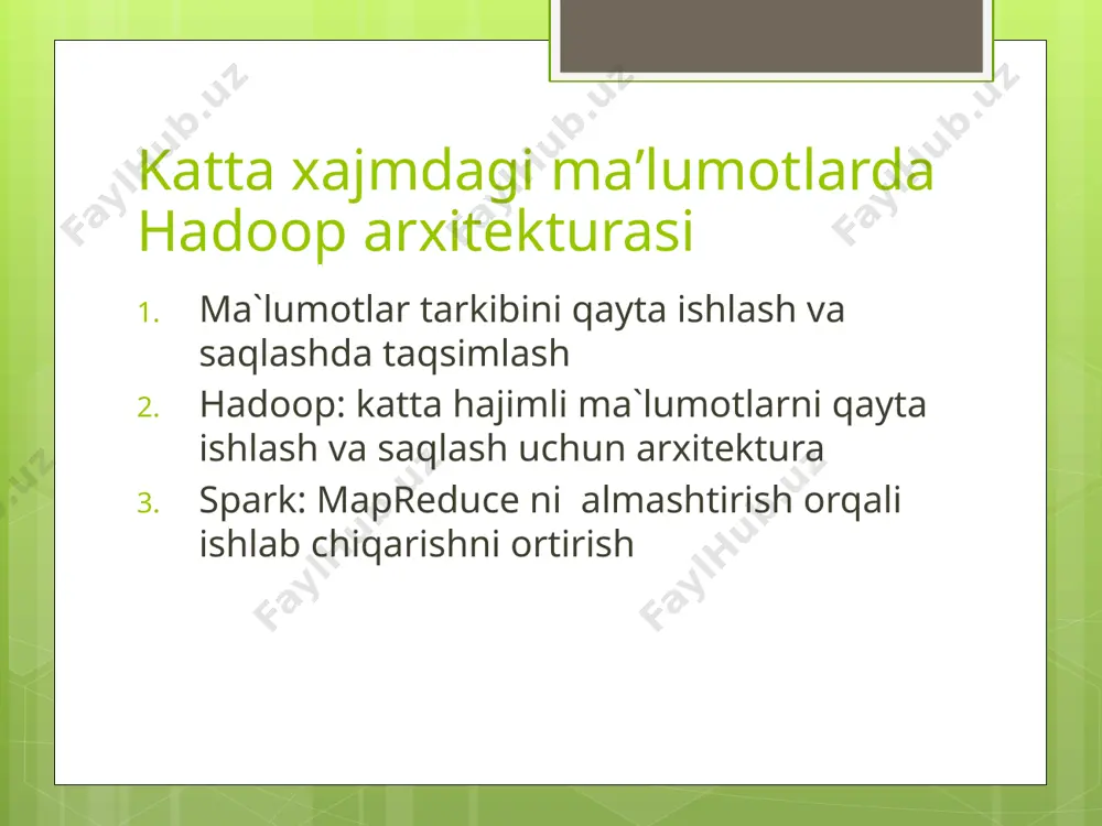 l ma'lumotlarini yig`ish koordinatsiya taqsimlangan hisoblash infratuzilmasi klaster resurslarinii boshqarish hadoop – fayl tizimi rejalashtirish-boshqarish va kuzatish xavfsizlik ma`lumot almashinuvi ma`lumot almashinuvi ma`lumot almashinuvi ma`lumot almashinuvi ma`lumot almashinuvi ma`lumot almashinuvi spark: mapreduce ni almashtirish orqali ishlab chiqarishni ortirish mapreduce ning ishini kichik bir xayoliy misol bilan ko'rib chiqish mumkin. siz o'yinchoqlar ishlab chiqaruvchi kompaniya direktorisiz. har bir o'yinchoq ikkita rangga bo'yalgan; mijoz veb-sahifadan o'yinchoq buyurtma qilganda, buyurtma fayli ko'rsatilgan ranglar bilan hadoop-ga joylashtiriladi. sizning vazifangiz bo'yoq uchun qancha idish tayyorlash kerakligini aniqlashdir. ranglarni hisoblash uchun mapreduce uslubidagi algoritm qo'llaniladi. keling, keyngi slaydagi rasmning soddalashtirilgan versiyasidan boshlaylik. rasm - mapreduce uslubidagi algoritm rasmdan ko'rinib turibdiki, jarayon taxminan ikki asosiy bosqichga bo'lingan: ko`rsatish bosqichi (map) va aniqlash bosqichi (reduce) mapreduce - bosqichlari ko`rsatish bosqichi (map)- hujjatlar kalit-qiymat juftliklariga bo'lingan. yig'ish amalga oshirilishidan oldin ma'lumotlarda ko'plab dublikatlar bo'ladi. aniqlash bosqichi (reduce) - umuman olganda sql ni group by konstruktsiyasiga o'xshaydi. turli xil noyob …