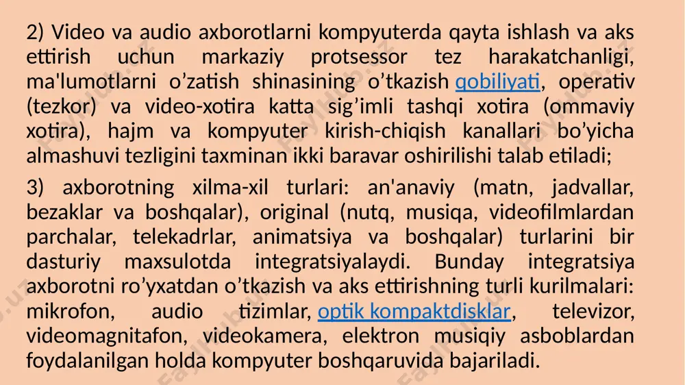 audio tushunchasi ismni nomlash uchun ishlatiladi texnikasi bu imkon beradi tovushlarni yozib olish, uzatish va ijro etish . musiqali ovoz quyidagi xarakteristikaga ega: • chastotasi odatda 16 dan 4500 gs gacha; • tembr, ovoz manbasidan kelib chiqadi; • balandlik, og‘riq chegarasidan oshmaydi; • davomiylik. nutq ovozi inson ovoz paylari yordamida paydo bo‘ladi. nutq ovozi shovqin va tondan iborat: nutq ovozi toni ovoz paylarining harakatlanishidan kelib chiqadi; shovqin o‘pkadan chiqadigan havo oqimining ovozga kelib qo‘shilishi natijasida paydo bo‘ladi. nutq ovozining asosiy harakteristikasi ton xisoblanadi. nutq ovozining bu harakteristikasi signaldagi chastotani aniqlaydi. turli insonlarning nutq ovozi chastotasi turlicha bo‘ladi va u 50-250 gs oraliqda aniqlanadi. axborotning audio ma’lumoti analogli va raqamli ko‘rinishda bo‘ladi. multimedia texnologiyalari ovozning raqamli qiymatlarini qayta ishlaydi. audio fayllar formatlarda klassifikatsiyalanib, formatlarning ba’zilari yo‘qotishlar bilan ba’ziladi esa yo‘qotishlarsiz amalga oshiriladi. yo‘qotishlarsiz amalga oshiriladigan formatlash ovoz qiymatlarini butunligicha saqlagan holda diskretlashtiradi. e’tiboringiz uchun rahmat image1.jpeg image2.png image3.png image4.png /docprops/thumbnail.jpeg