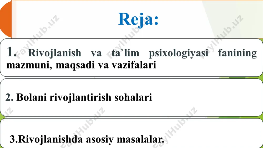 rib boradi u ham ijtimoiy ham psixik jihatdan kamolga yetadi, bunda bolaga berilayotgan tarbiya maqsadga muvofiq bo`lsa, u jamiyat a`zosi sifatida kamol torib murakkab ijtimoiy munosabatlar tizimida o`ziga munosib o`rin egallaydi chunki rivojlanish tarbiya ta`siri ostida boradi rivojlanish psixologiyasining nazariy vazifalari: 1.insonning butun hayot yoli davomida psixik rivojlanishiga tasir etuvchi va harakatga keltiruvchi kuchlar, mexanizmlarni organish; 2. ontogenezda psixik rivojlanishni davrlashtirish; 3. psixik rivojlanish davomida yosh xususiyatlari, rivojlanish qonuniyatlari va bilish jarayonlarini organish. rivojlanish psixologiyasining amaliy vazifalari: 1.insonning psixik funksiyalarining yosh davriga mos meyorlarni va ijodiy qobiliyatning mavjudligini aniqlash; 2.psixologik rivojlanishda bolaning rivojlanishi, psixologik salomatligini nazorat qilish va tizimlashtirish; 3. inson hayotining inqirozli davrlarida yordamni amalga oshirish. rivojlanish sohalari 4 asosiy yonalishdan iborat jismoniy rivojlanish- inson hayot yo`lining birinchi bosqichi- (prenatal davr) va rivojlanish kognitiv rivojlanish (bilish) va nutq rivojlanishi shaxs rivojlanishi ijtimoiy –madaniy rivojlanish jismoniy rivojlanish tananing o`lchami, shakli, miyaning tuzilishi, sensor qobiliyat va harakat ko`nikmalari bilan namoyon bo`ladi. …