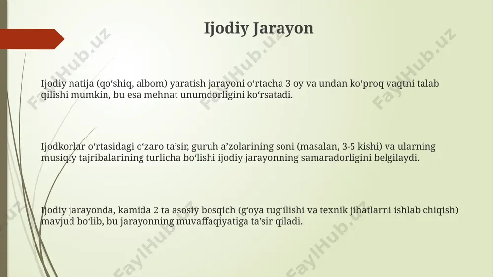 ratini talab qiladi. musiqiy uyg'unlik, 3 dan ortiq musiqachining birgalikdagi ijrosi natijasida yuzaga keladigan, individual qobiliyatlarning bir butunga birlashishi va 5 dan ortiq musiqiy asboblarning uyg'unlashgan tovushlarini o'z ichiga olishi mumkin. hamkorlik va birlik "hamkorlik va birlik" muvaffaqiyatining 70% dan ortig'i ishonch va o'zaro hurmatga bog'liq bo'lib, bu guruhlarning uzoq muddatli barqarorligi va qiyin vaqtlarda ham birgalikda harakat qilish qobiliyatini belgilaydi. "hamkorlik va birlik"ning asosiy elementi 2 dan ortiq odamning umumiy maqsadga erishish uchun birgalikdagi sa'y-harakatlari bo'lib, bu jarayonda sinergiya effekti va individual imkoniyatlarning birlashishi natijasida samaradorlikning 1+1>2 ko'rsatkichiga erishiladi. "hamkorlik va birlik" tarkibida rol ajratish, mas'uliyatning taqsimlanishi va ichki kommunikatsiya kabi muhim funksiyalar mavjud bo'lib, bu samarali ishlash uchun kamida 3 ta alohida ko'nikma va xususiyatlarni talab qiladi. qiyinchiliklar va yutuqlar konsertlarni tashkil etish, reklama qilish va 200-500 kishilik auditoriyani jalb qilish katta mablag’ va vaqt talab qiladi, lekin muvaffaqiyatli chiqishlar guruhning obro'sini oshiradi. guruhdagi 5-10 nafar a’zoning har …