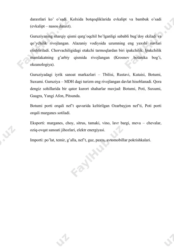 . guruziyadagi iyrik sanoat markazlari – tbilisi, rustavi, kutaisi, botumi, suxumi. guruziya – mdh dagi turizm eng rivojlangan davlat hisoblanadi. qora dengiz sohillarida bir qator kurort shaharlar mavjud: botumi, poti, suxumi, gaagra, yangi afon, pitsunda. botumi porti orqali nef’t quvurida keltirilgan ozarbayjon nef’ti, poti porti orqali marganes sotiladi. eksporti: marganes, choy, sitrus, tamaki, vino, lavr bargi, meva – chevalar, oziq-ovqat sanoati jihozlari, elektr energiyasi. importi: po’lat, temir, g’alla, nef’t, gaz, paxta, avtomobillar pokrishkalari.