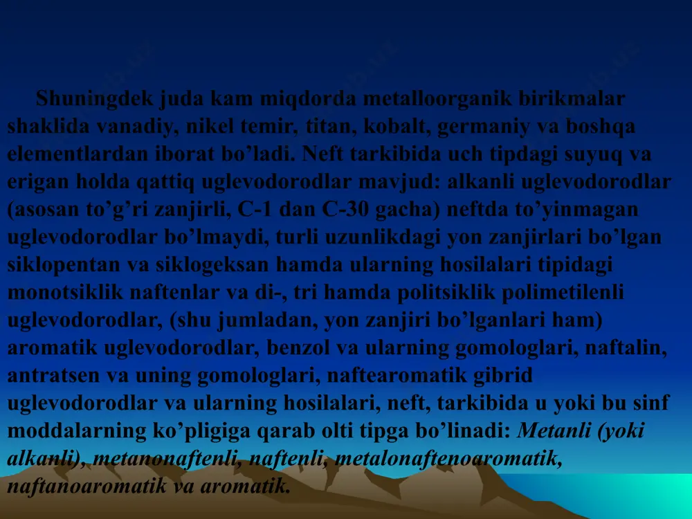 himcha moddalar ham qо‘shiladi. izomerlanish. benzin fraksiyasini reforming qilish, ya’ni tarmoqlangan uglevodorodlar miqdorini oshirish vaqtida katalizatorlar xil katalitik reaksiyalarda molekulasida uglerod kationi bor oraliq moddalar hosil bо‘ladi. masalan, 100 °c va undan yuqori haroratda alyuminiy galloid katalizatori ishtirokida bo’tan izomerlari о‘rtasida tezda muvozanat vujudga keladi. toza alyuminiy bromid bu reaksiyaga katalizatorlik qila olmaydi, uning katalizatorlik ta’siri faqat oz miqdorda alkilgalogenid, spirt yoki alken va suv aralashmasi qо‘shilgandagina kuchayadi. demak, qо‘shimcha moddalar katalizator bilan reaksiyaga kirishib, uglerod kationlarini hosil qiladi va bu kationlar zanjirsimon reaksiyani boshlab beradi. zanjirsimon reaksiya vaqgida yangidan hosil bо‘layotgan kationlar qayta guruhlanadi va sо‘ng izomerlanadi. kreking. neftning yuqori haroratda haydaladigan fraksiyalarini krekinglab benzin va gazsimon uglevodorodlar hosil qilish mumkin. kreking jarayoni katalizator ishtirokida va yuqori haroratda olib boriladi. jadvalda neft fraksiyalari krekinglanganda qancha benzin hosil bо‘lishi kо‘rsatilgan. neftning turli fraksiyalarini i soat davomida 4250 c da krekinglanganda hosil bо‘ladigan benzin miqdori. neft fraksiyalari hosil bо‘lgan benzin miqdori …