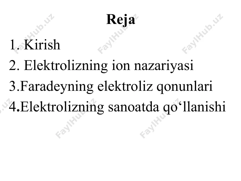 n ionlari qaytariladi. yarim tenglama pb2+(s)+2e-→pb(l) bu qaytarilish. shuni ta’kidlash kerakki, anod va katodda sodir bo‘ladigan reaksiyalar tizimga tashqi zanjirning qutbliligi bilan yuklanadi. tashqi batareyaning manfiy qutbi elektrolitik hujayraning bitta elektrodiga elektronlarni yetkazib beradi. bu elektrodni manfiy bo‘lishga majbur qiladi. bu katod. elektrod manfiy bo‘lgani uchun u o‘z navbatida elektrod reaktsiyasini elektronlarni qabul qiladigan reaksiyaga majbur qiladi. shunday qilib, qaytarilish jarayoni sodir bo‘ladi. boshqa elektrodda elektronlar elektrolitik hujayradan tashqi zanjirga qaytadi va bu elektrodni tashqi zanjir uchun elektronlar manbai bo‘lishiga majbur qiladi va shu bilan musbat bo‘ladi. shuning uchun u anod vazifasini bajaradi. musbat belgi bu elektrodda sodir bo‘ladigan reaksiyani elektronlardan, ya’ni oksidlanishdan voz kechishga majbur qiladi. ionlarning selektiv zaryadsizlanishi elektrolitning suvli eritmasida bir nechta anion va bir nechta kation mavjud. masalan, kaliy xloridning suvli eritmasi tarkibida ikki turdagi anion, cl- va oh- va ikki xil k+ va h+ (yoki h3o+) kationlari mavjud. elektrodlarda ionlarni chiqarish tartibi elektrodning tabiati, elektrolitlar …