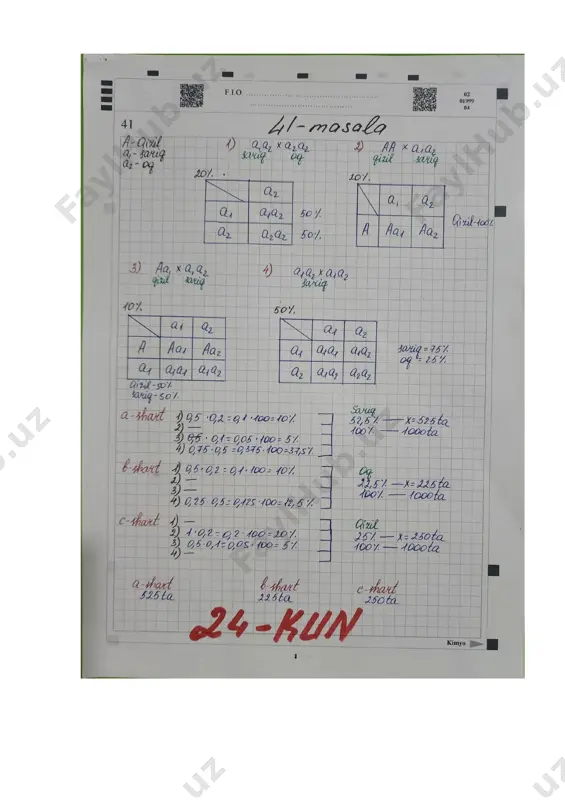siyada a genining uchrash extimoli 60% ga, a1 gening uchrash extimoli 30% ga, a2 genining uchrash extimoli 10% ga teng. 2-juftdagi b-geni ertapisharlikni, b1-geni o’rtapisharlikni, b2-geni kechpisharlikni yuzaga chiqaradi. genlarni o’zaro ustinlik darajasi quydagicha: b>b1>b2. populasiyada b genining uchrash extimoli 50% ga, b1 genining uchrash extimoli 30% ga, b2 genining uchrash extimoli 20% ga teng bo’lsa. yuqoridagi ma’lumotlardan foydalanib quydagilarni aniqlang. topshiriqni bajarish tartibi: 1) belgilar va ularni boshqaruvchi genlarni, gen va genotip chastotasini, populyatsiyadagi umumiy gametalar kombinatsiyasini yozing. berilgan ma’lumotlardan foydalanib quyidagi (a-c) topshiriqlarni bajaring. a) populatsiyadagi yozgi o’rtapishar o’simliklar uchrash extimolini % da toping. b) populatsiyadagi kuzgi ertapishar o’simliklar uchrash extimolini % da toping. c) populatsiyadagi baxorgi kechpishar o’simliklar uchrash extimolini % da toping. 42-masala.makkajo’xori o’simligida don rangining qizil bo’lishi-a geniga, sariq bo’lishi-a1 geniga, oq bo’lishi-a2 geniga bog’liq. daladagi geterozigota genotipga ega sariq donli makkajo’xorilarning 20% qismi oq donli makkajo’xorilarning changlari bilan suniy changlantirildi. 20% qismi aa genotipli …