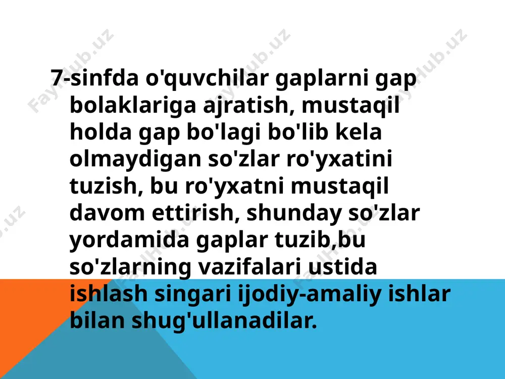 ‘makchi bilan almashtirish (masalan, xirmon sari bormoq, xirmon tomon bormoq kabi), «ot + ko‘makchi», «sifatdosh + ko‘makchi» qolipli hosilalar ro‘yxatini tuzish (masalan, qalam bilan, onam uchun, dala sari; siz bilan, ular uchun, siz orqali; borgan sayin, o ‘qigan bilan, ko ‘rishgani uchun va h.k.), ko‘makchining gapdagi vazifasi va ma’nosini sharhlash singari o‘yin-topshiriqlardan foydalanish mumkin. e‘tiboringiz uchun tashakkur. /docprops/thumbnail.jpeg